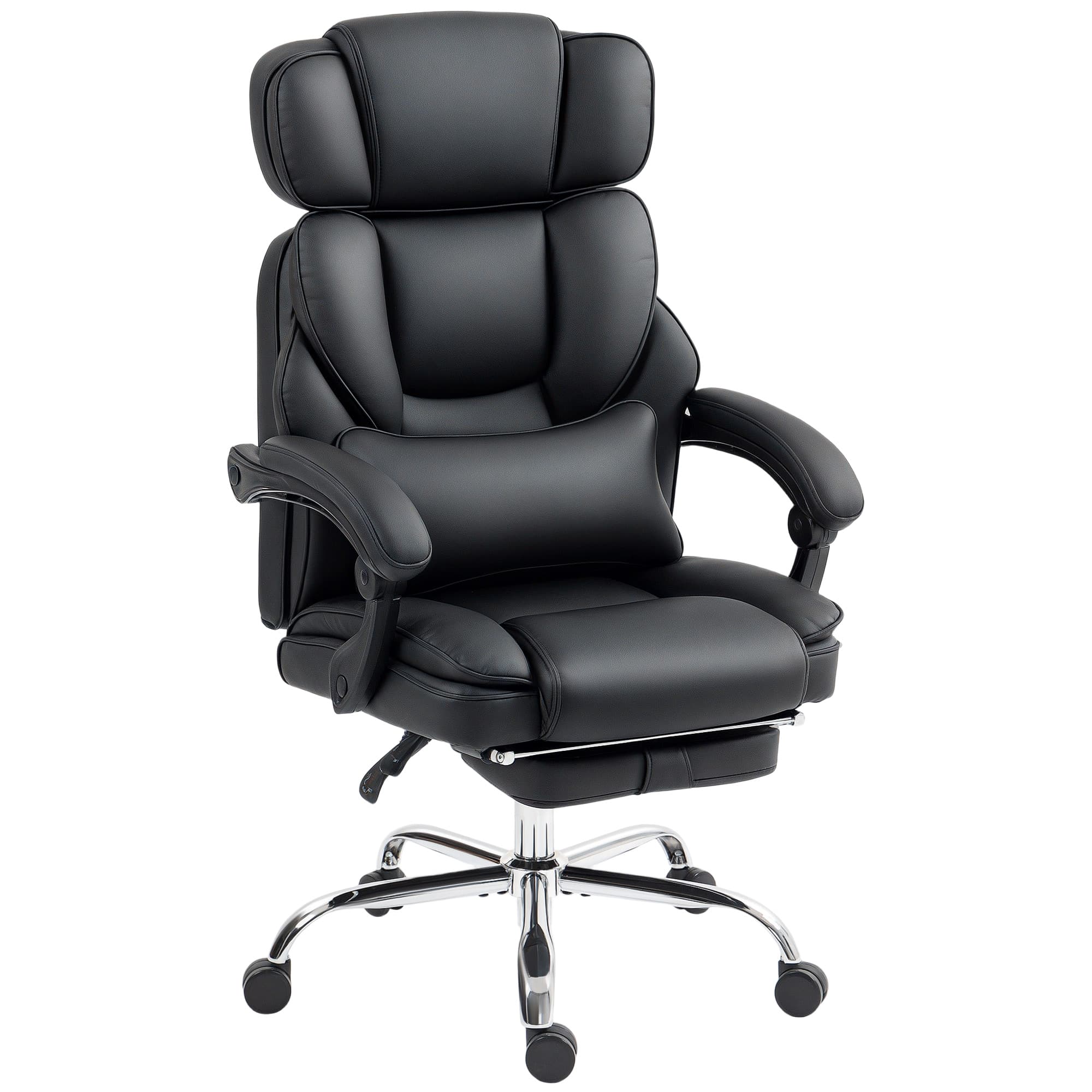 HOMCOM Chaise de Bureau en Cuir PU avec Repose-Pieds, Appui-Tête Réglable et Soutien Lombaire, Noir