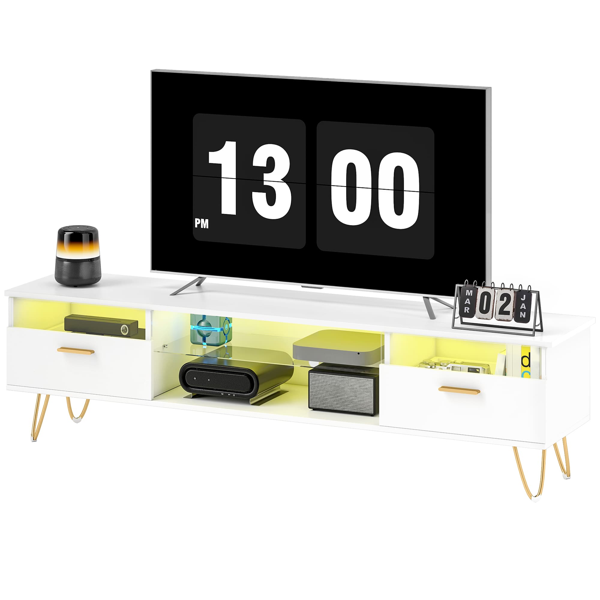 HOMCOM Meuble TV avec LED RGB de 16 couleurs meuble télé pour téléviseur jusqu'à 42 à 120 pouces, 160x35x42cm, blanc