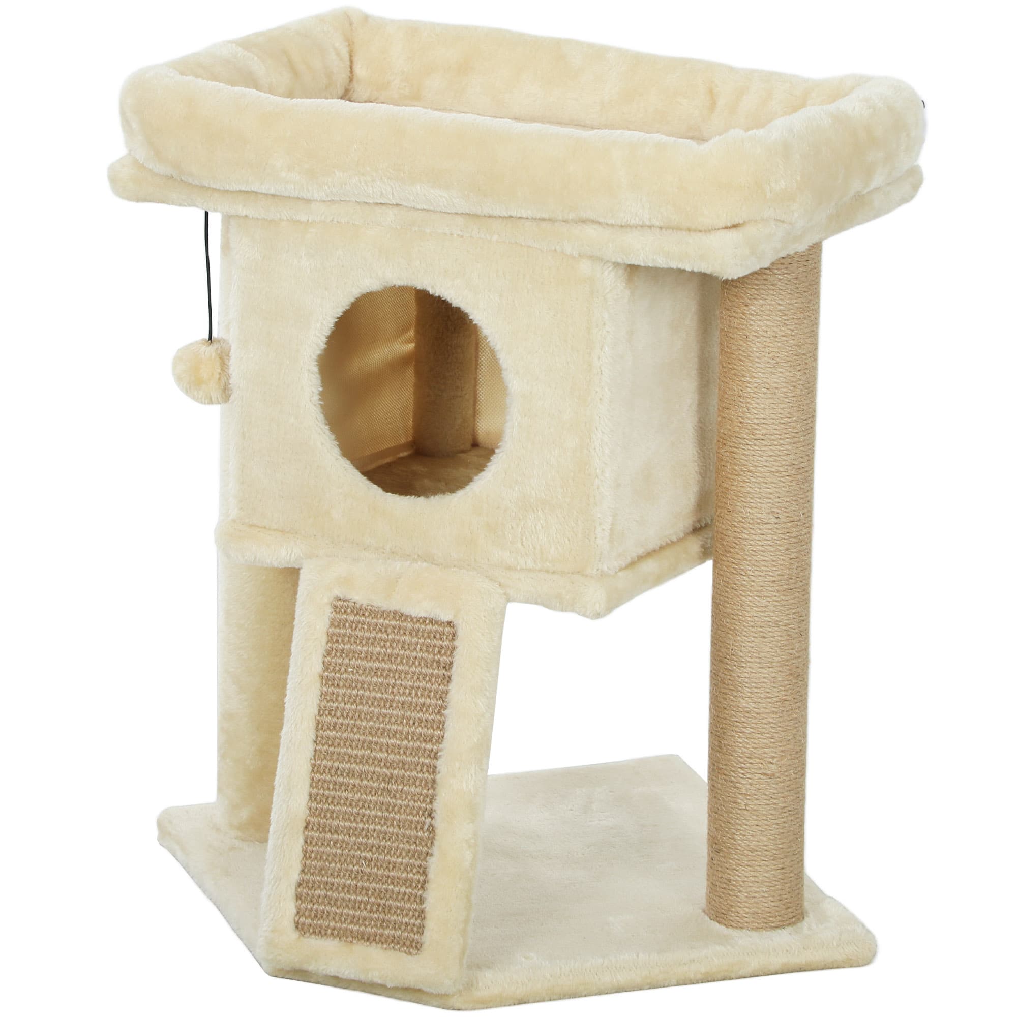PawHut Arbre à gratter avec tapis de grattage en jute, plateforme de repos, balle de jeu, maison pour chats, Beige, 40 x 40 x 57 cm