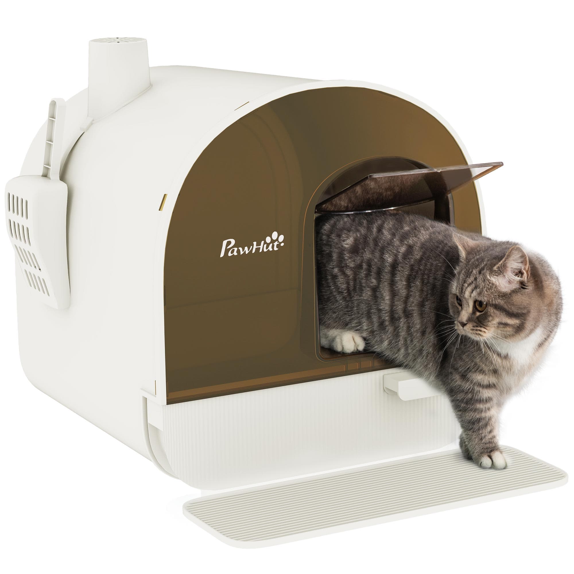 PawHut Maison de toilette bac à litière pour chat avec porte battante, pelle et filtre inclus dim. 43L x 44l x 47H cm - Blanc et Noir