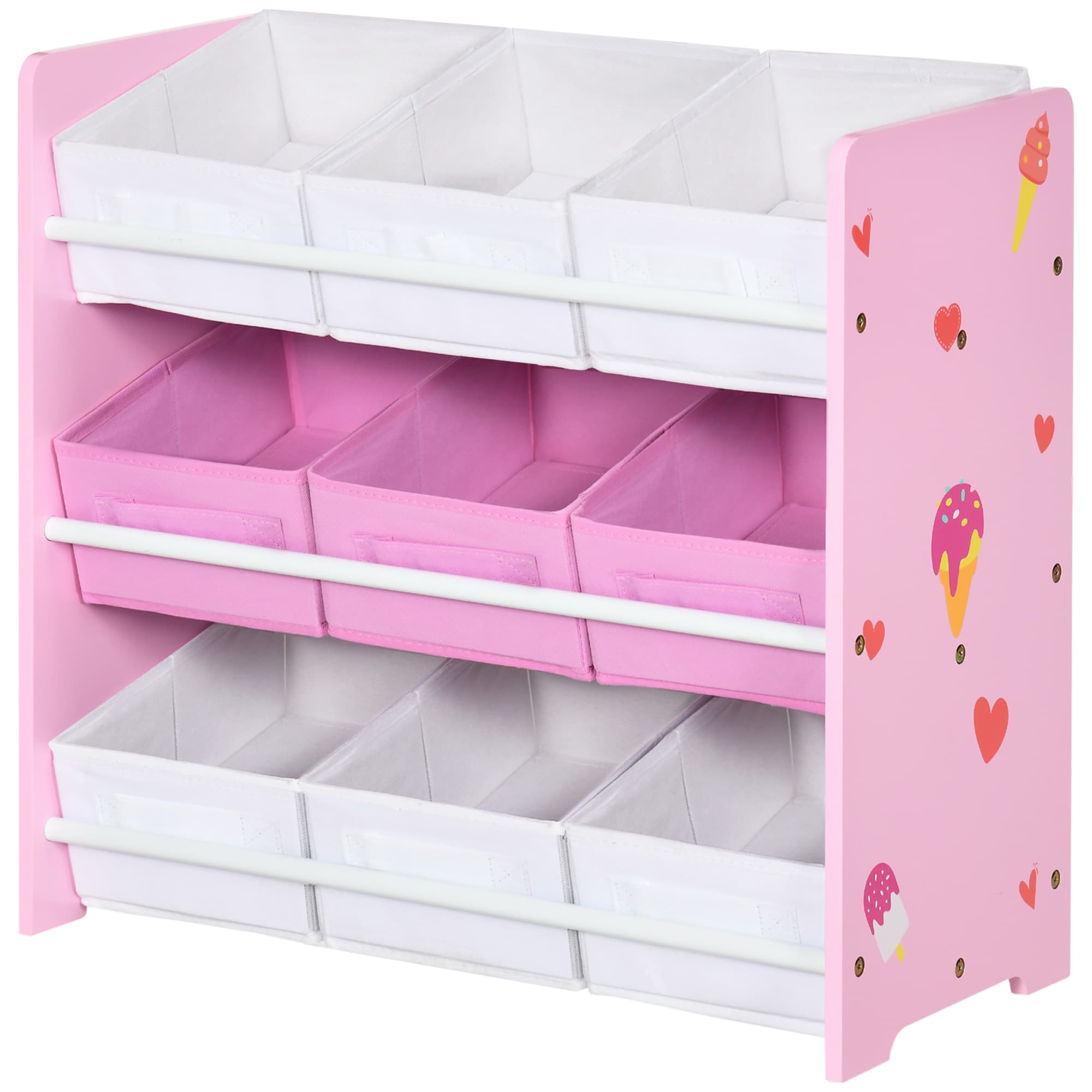 ZONEKIZ Mobilet Portagiochi avec 9 Paniers Amovibles en Bois et Tissu, 63x30x60 cm, Rose et Blanc