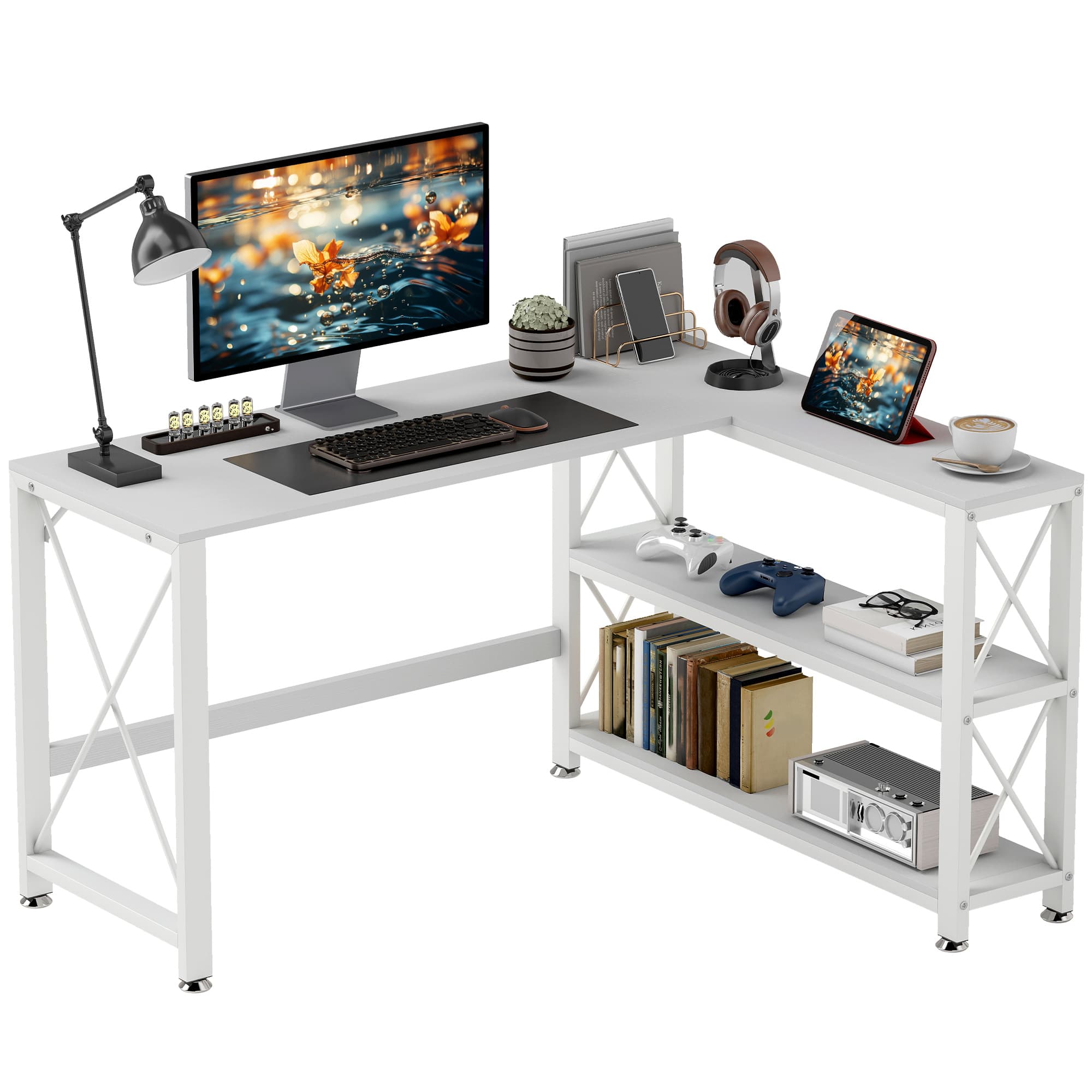 HOMCOM Bureau d'angle modulable réversible, bureau avec rangement, étagère de rangement, cadre en métal, 135x110x75cm, blanc
