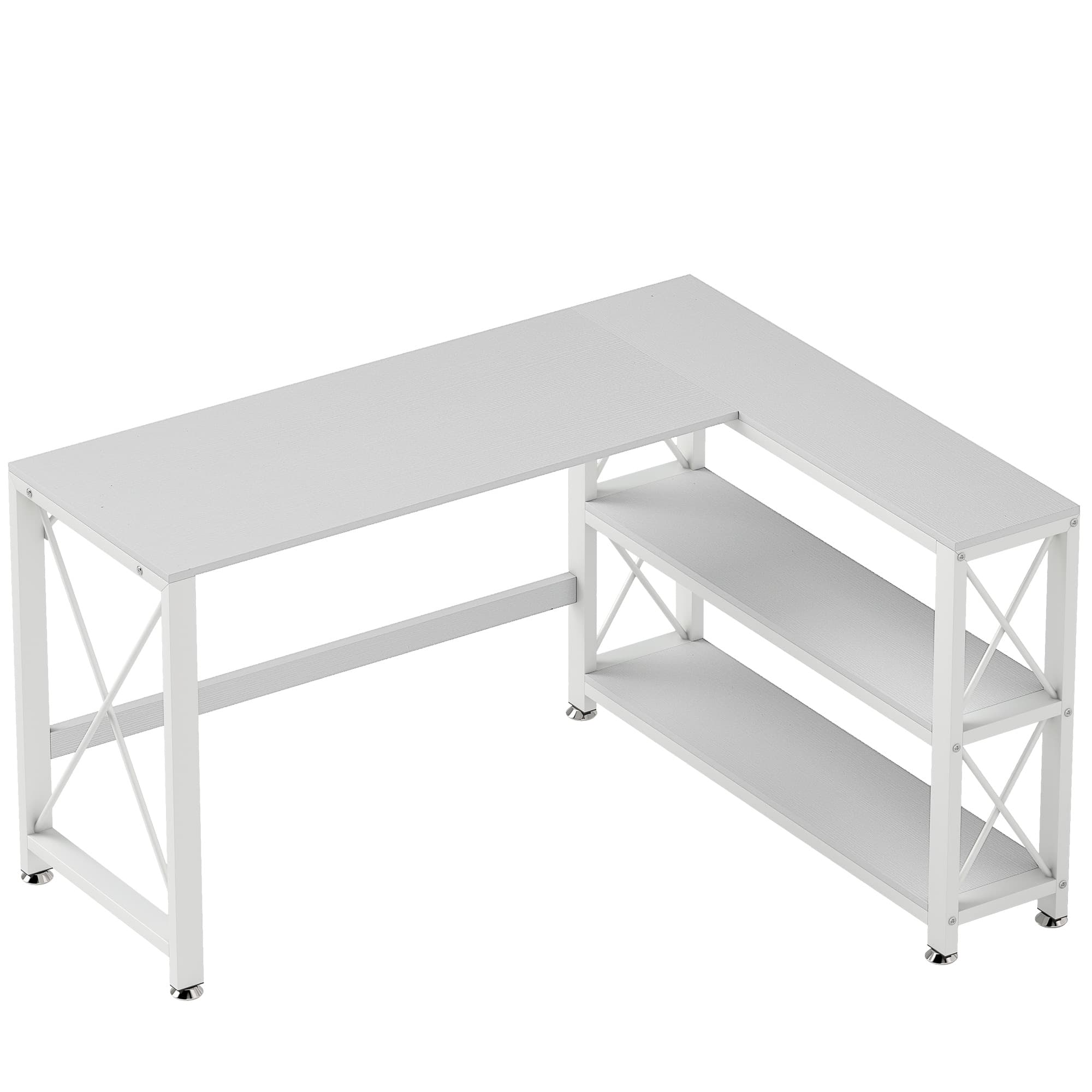 HOMCOM Bureau d'angle modulable réversible, bureau avec rangement, étagère de rangement, cadre en métal, 135x110x75cm, blanc