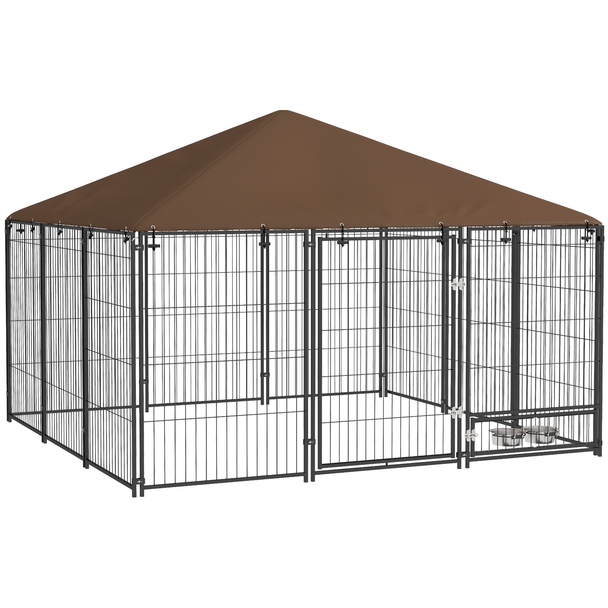 PawHut Chenil extérieur pour chiens en acier et tissu Oxford avec support gamelle toit 211 x 211 x 151 cm noir et café