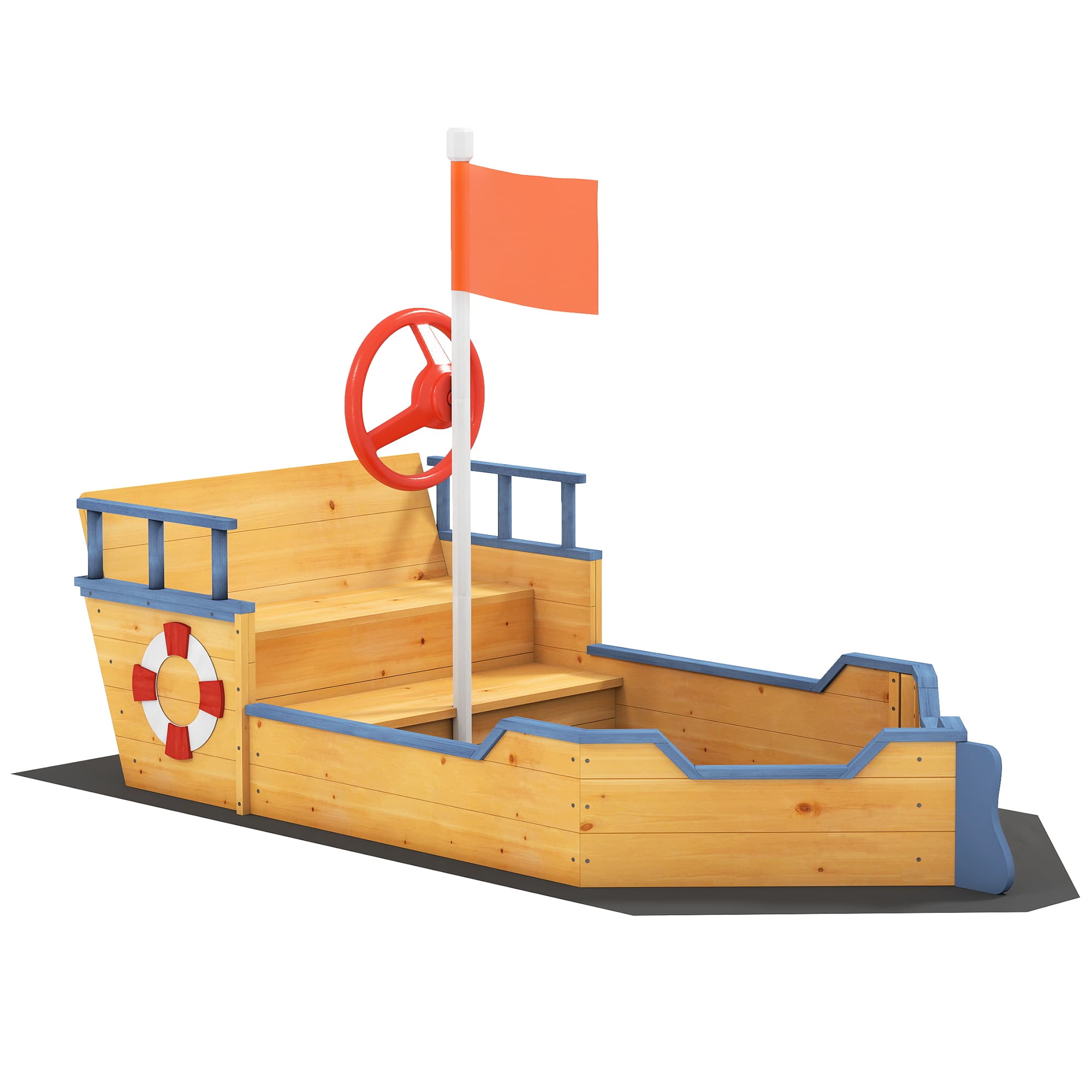 Outsunny Bac à sable forme de bateau pirate boîte à sable pour enfant gouvernail drapeau rouge 2 marches et espace de rangement