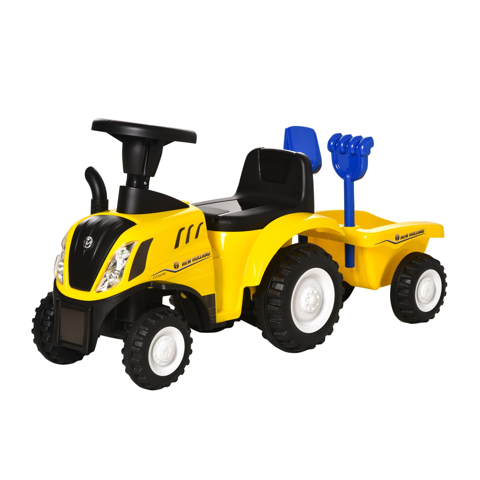 HOMCOM Porteur tracteur enfants avec coffre amovible, râteau et pelle, voiture enfants avec lumière LED et klaxon, jaune