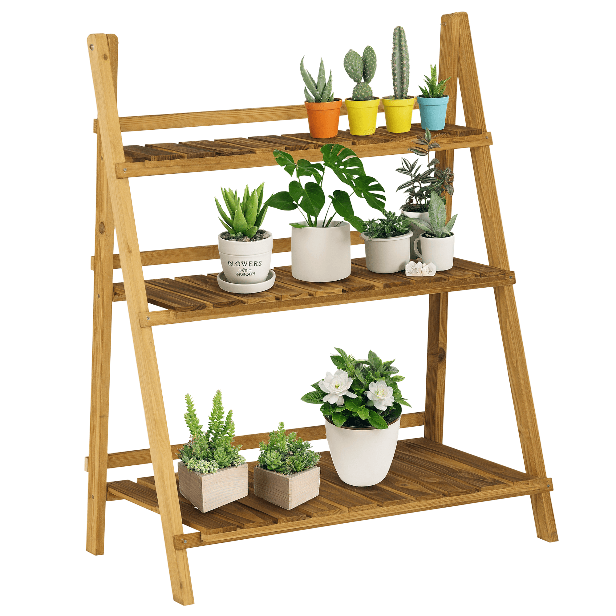 Outsunny Étagère à plantes en bois forme pyramidale échelle pliante avec 3 étagères 80 x 37 x 93 cm marron Aosom France