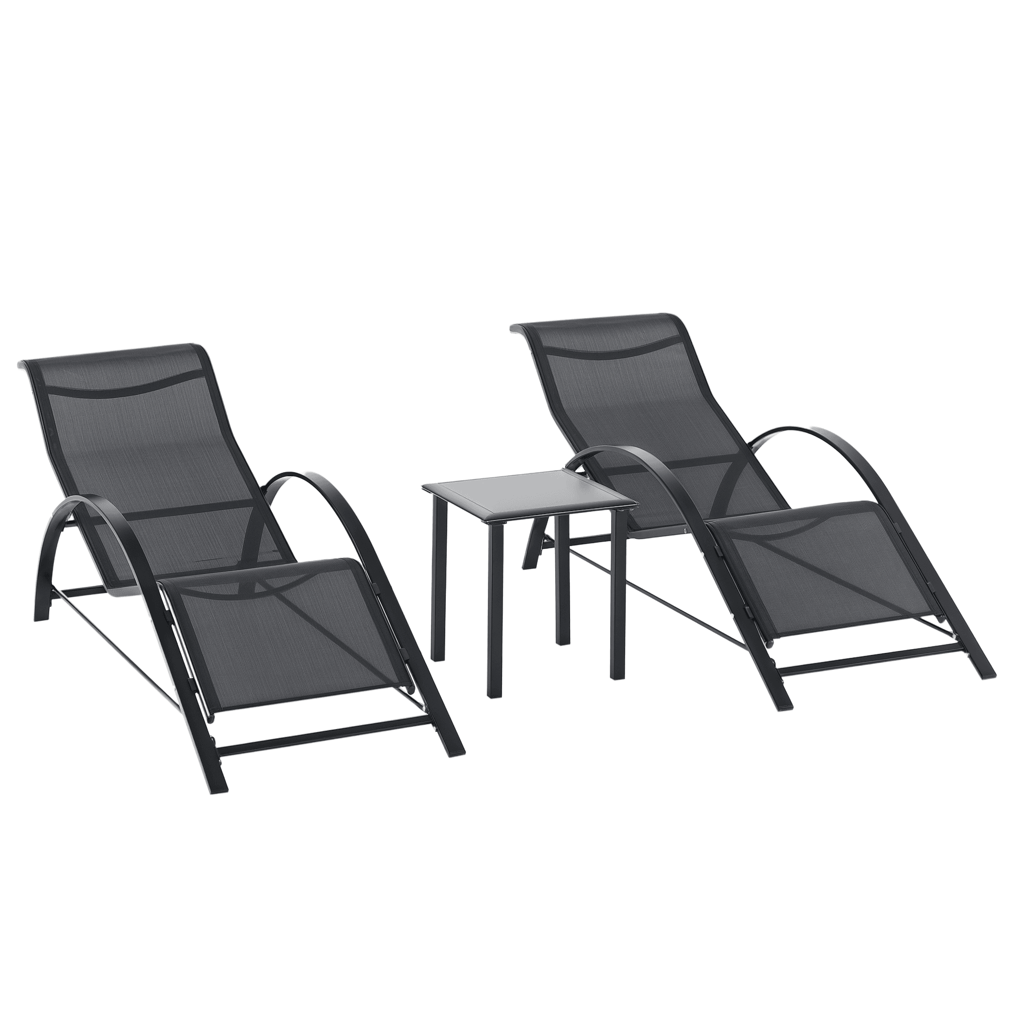 Outsunny Lot de 2 bains de soleil design contemporain table basse plateau verre trempé métal époxy textilène noir