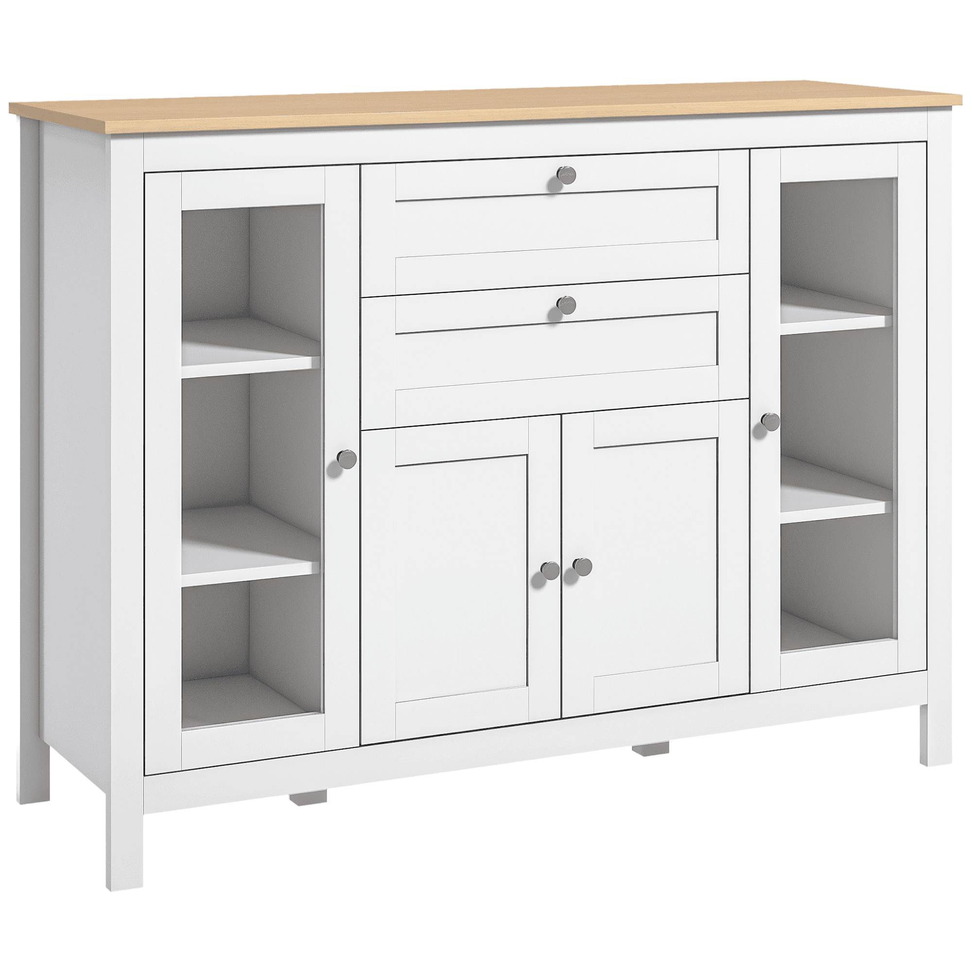 HOMCOM Buffet style classique chic meuble sur pied 2 portes 2 étagères réglables 2 tiroirs coulissants placard 2 portes MDF blanc aspect bois clair