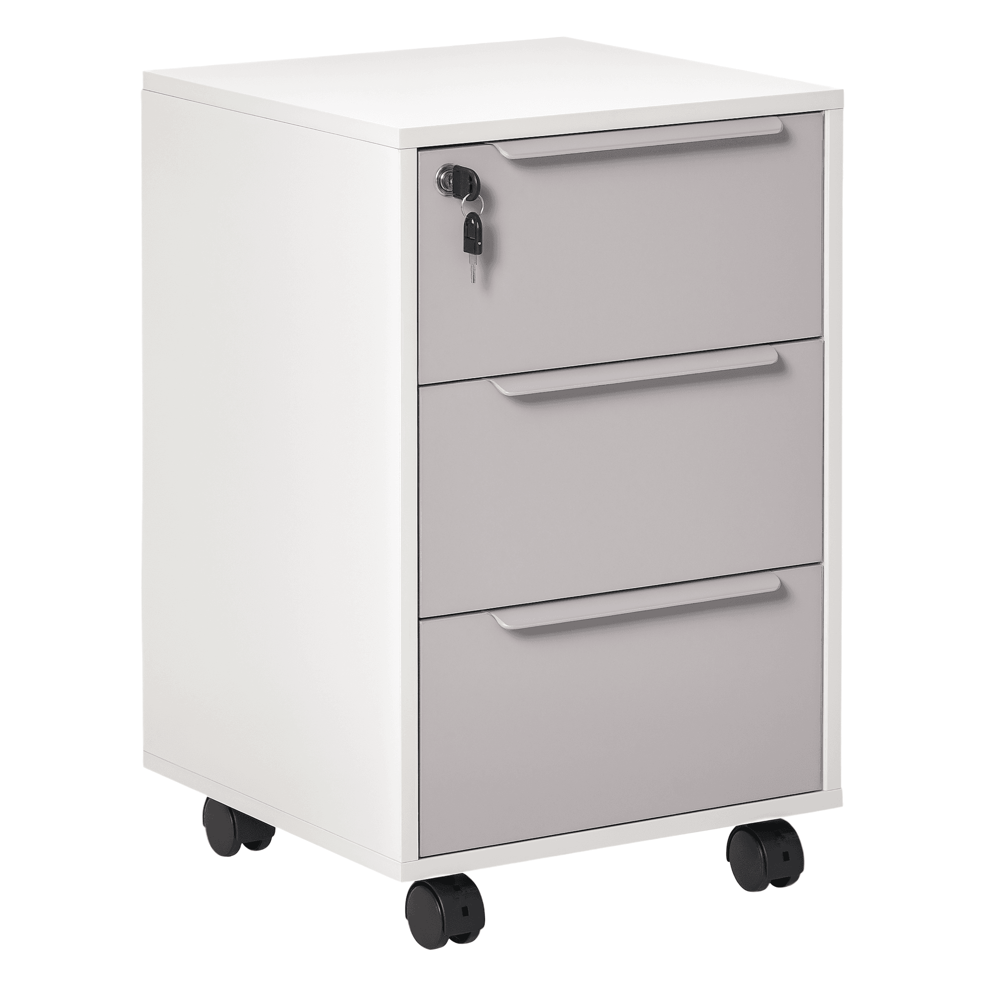 HOMCOMCaisson de bureau rangement sur roulettes 3 tiroirs 1 verrouillable avec 2 clés en bois blanc et gris