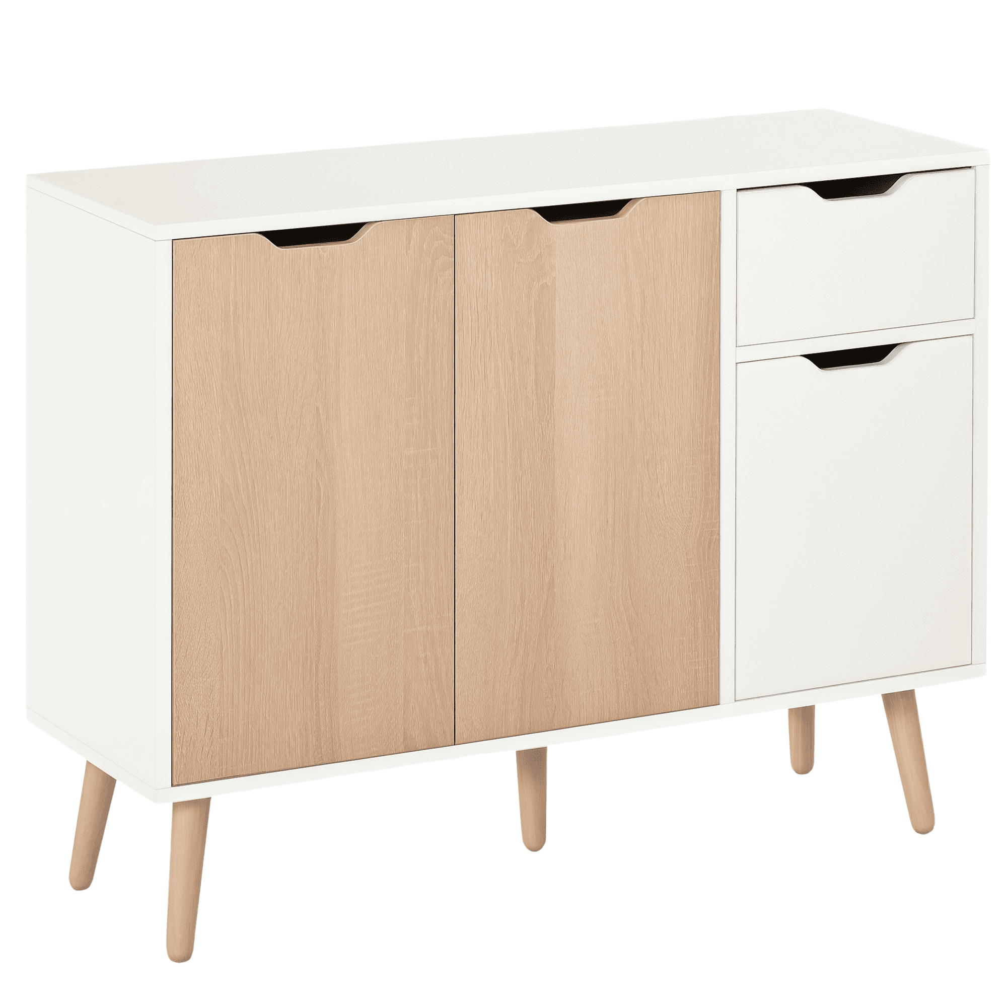 HOMCOM Buffet design scandinave 2 placards tiroir coulissant pieds bois massif pin panneaux particules blanc chêne clair
