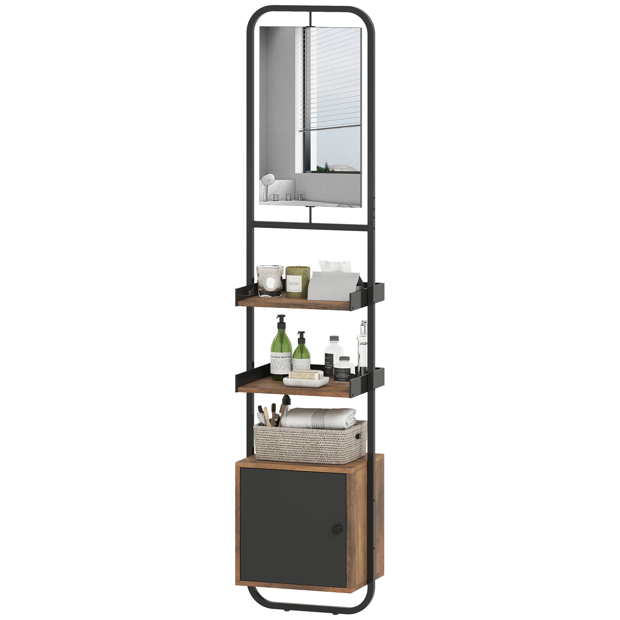 HOMCOM Étagère salle de bain rangement avec miroir, étagère de rangements avec étagères réglables et placard, 40x30x179cm, noir