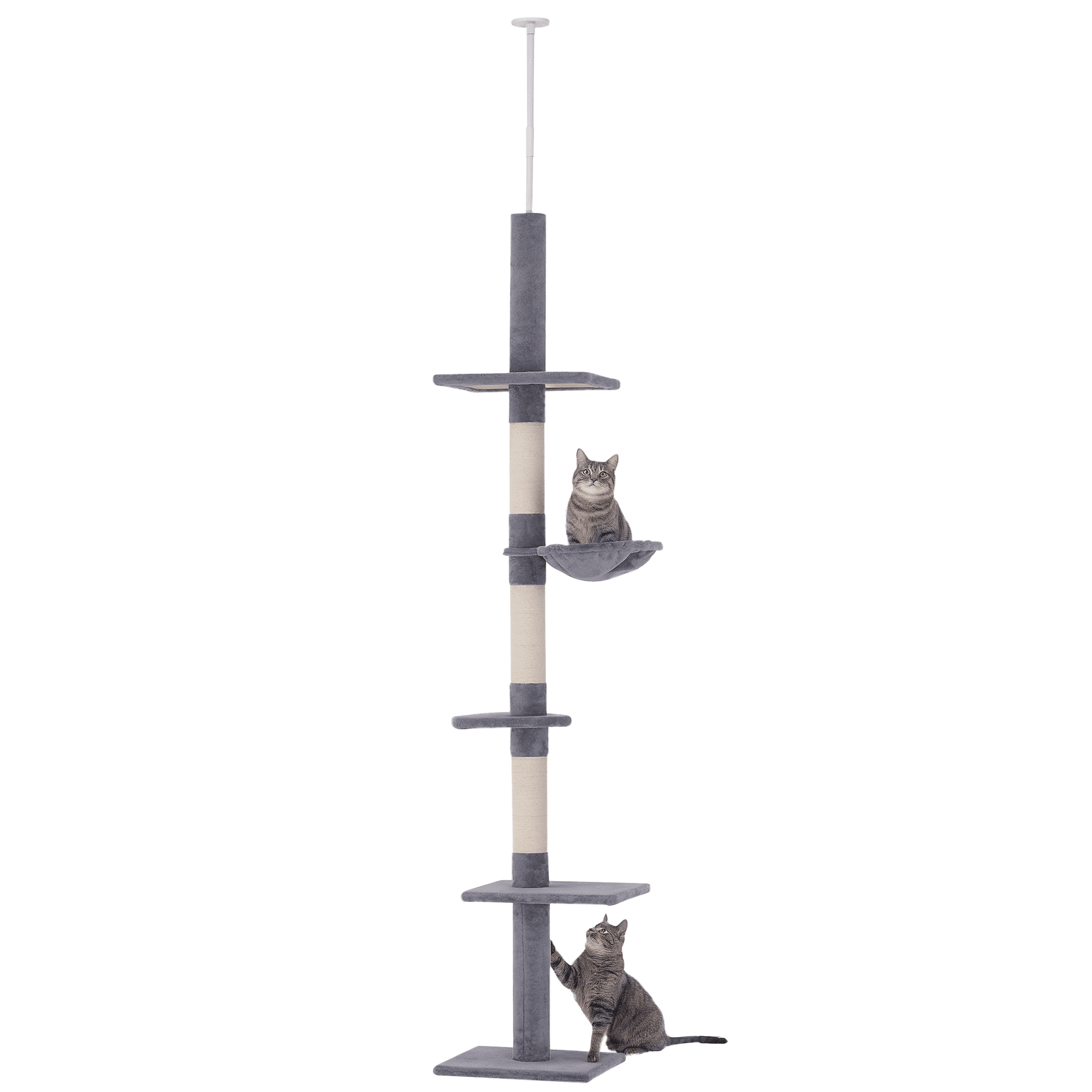 Pawhut Arbre à chats griffoir chat plafond 5 niveaux d'activités griffoirs sisal naturel hauteur réglable peluche courte 40 x 34 x 260 cm gris
