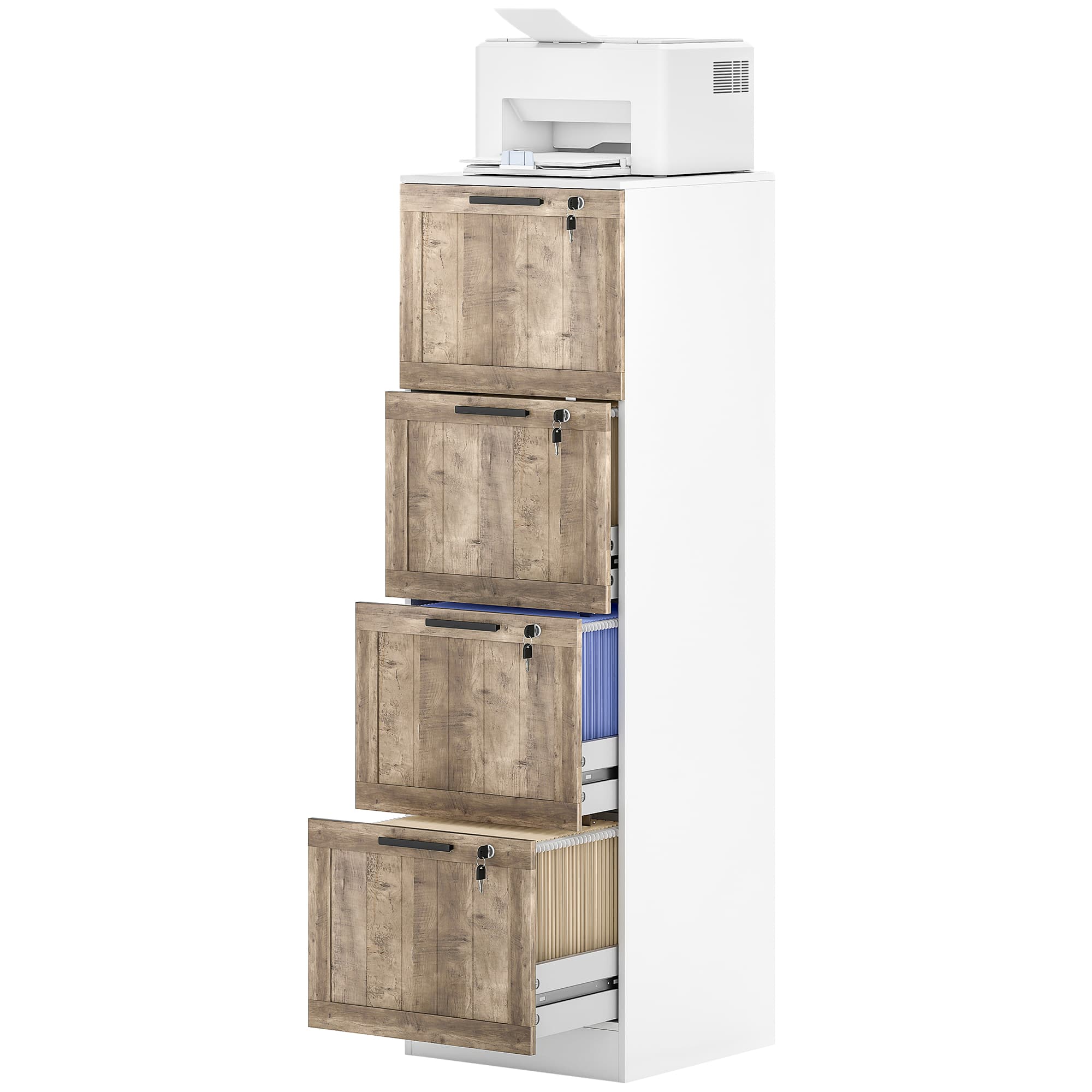 HOMCOM Classeur de Bureau avec 4 Tiroirs Serrure 2 Clés Rails Suspendus pour A4 Lettre 39,4x40x129 cm Blanc et Bois