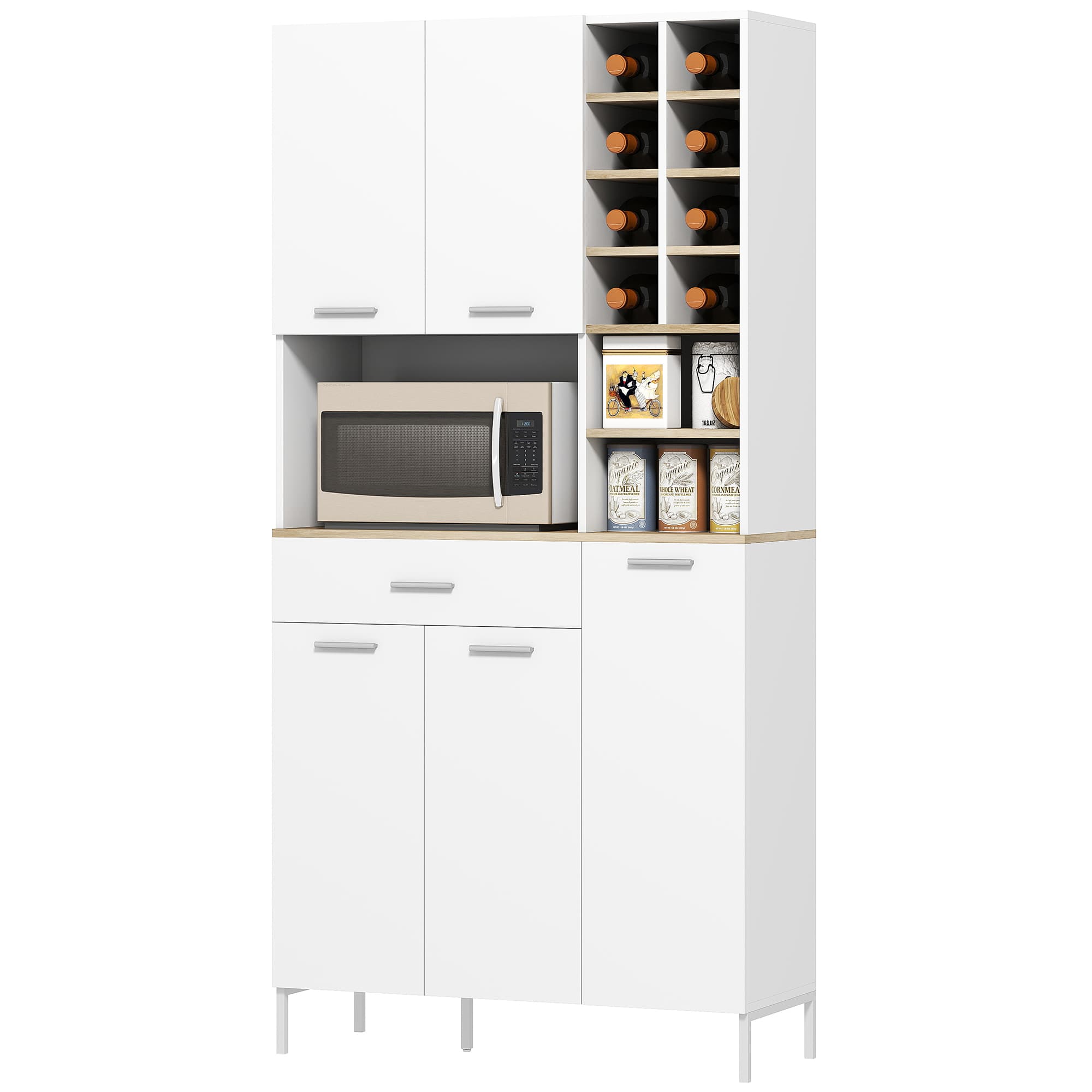 HOMCOM Buffet de Cuisine avec Étagères Ouvertes, Compartiments, Casier à Vin, Placard de Rangement avec 5 Portes, MDF, Blanc