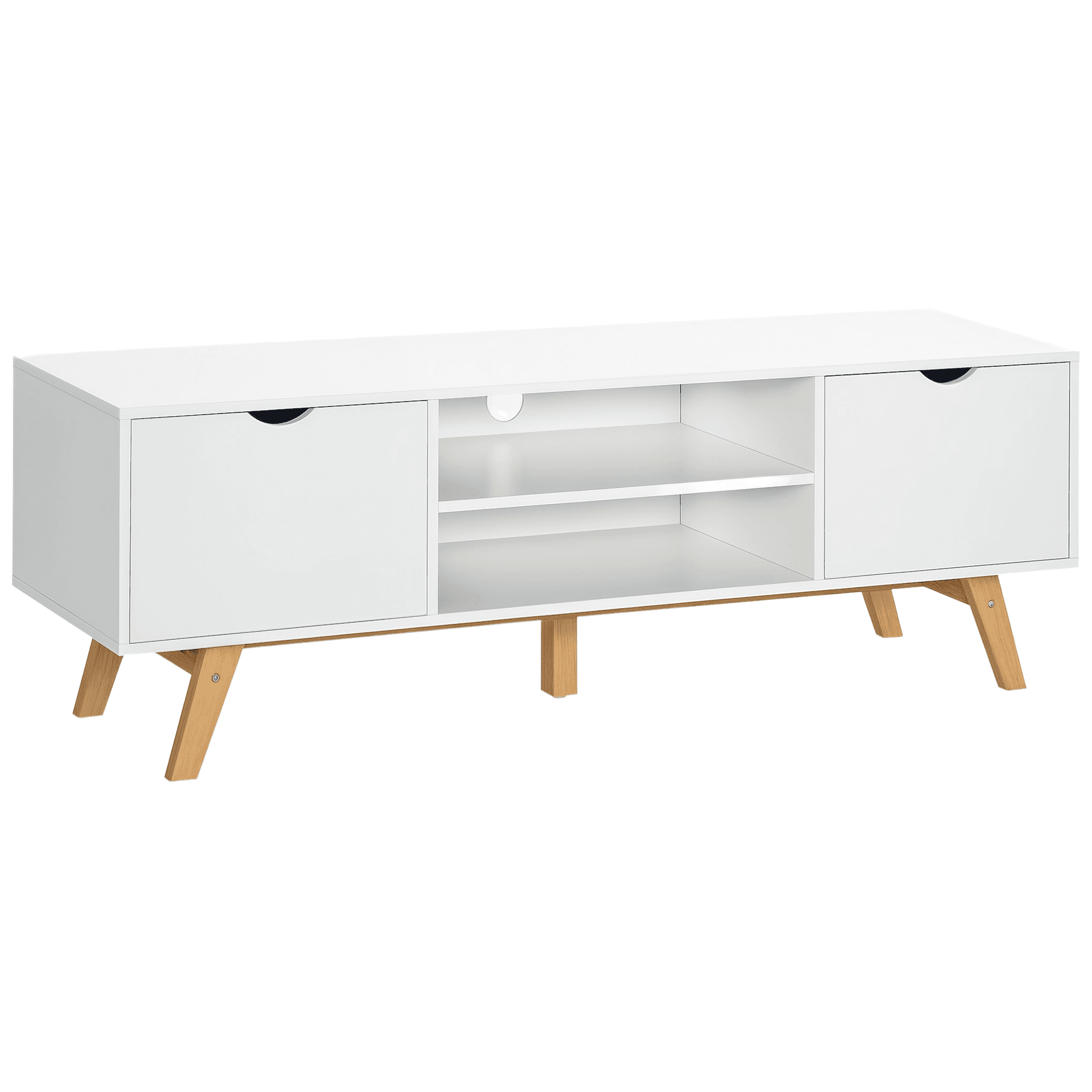 HOMCOM Meuble TV moderne grand plateau 2 armoires à porte et 2 niches ouvertes pied en bois hévéa 150 x 39 x 50 cm blanc