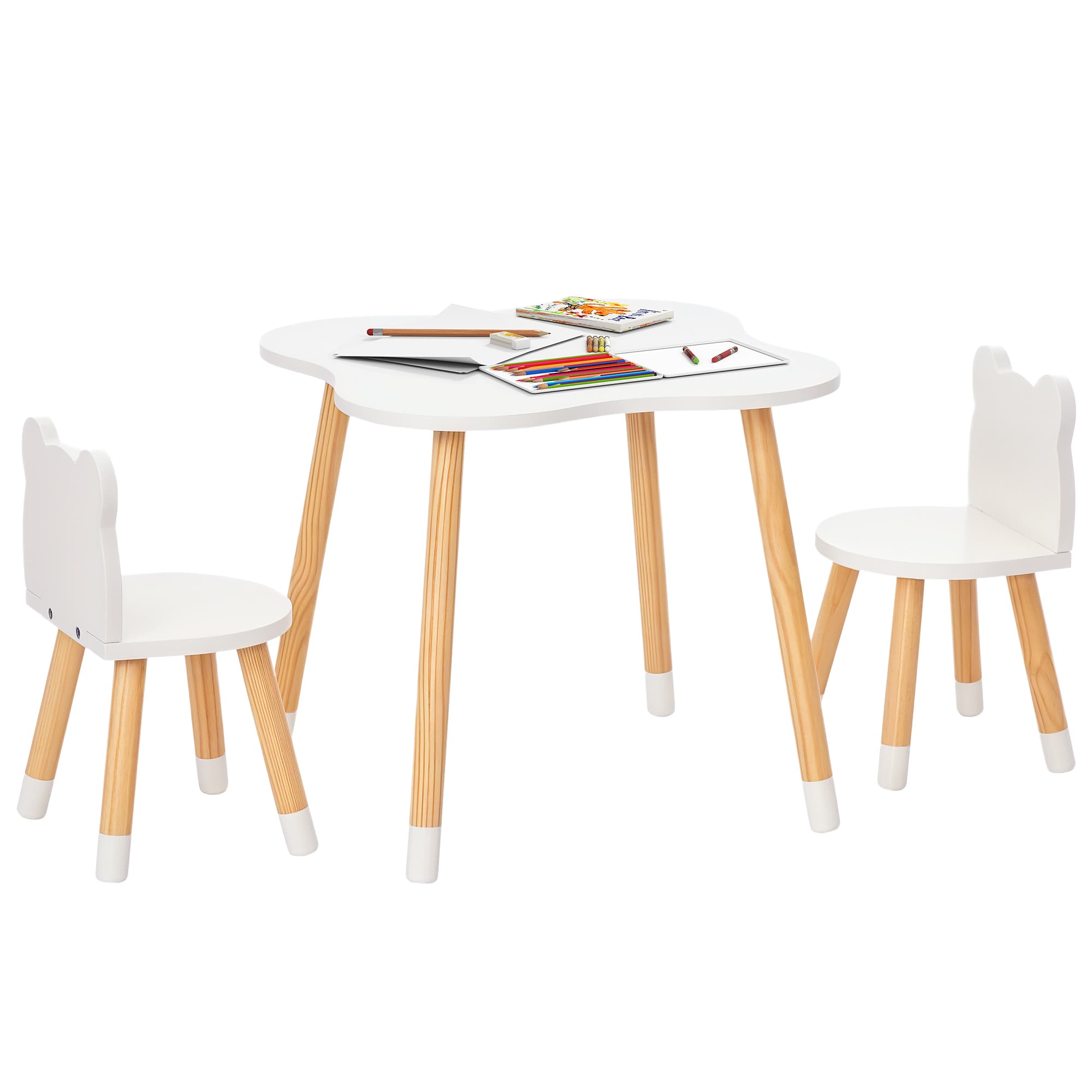 HOMCOM Ensemble table et chaises enfant Table d'enfant avec 2 chaises design ours MDF pin blanc
