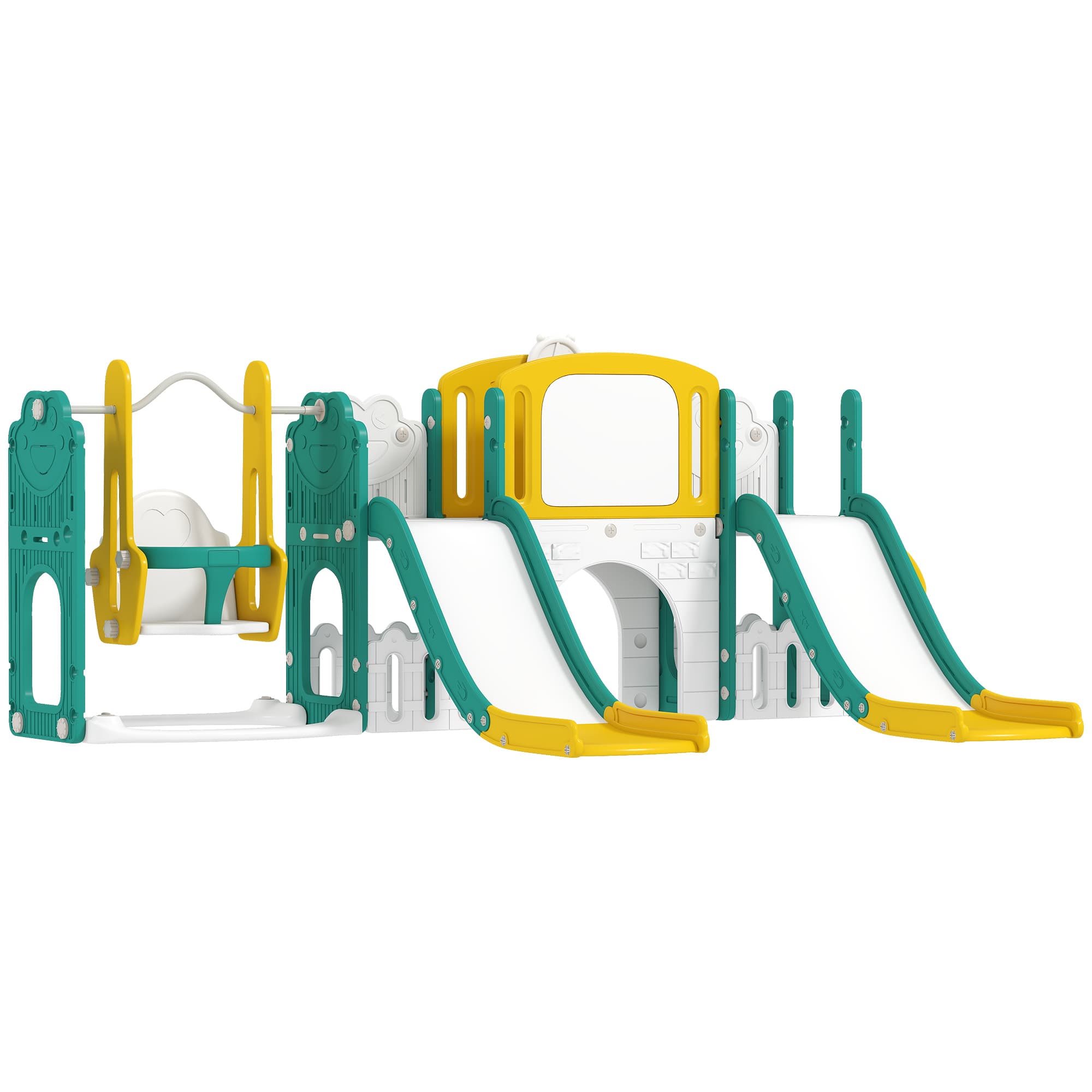 AIYAPLAY Ensemble toboggan et balançoire 9-en-1 pour tout-petits, avec panier de basket, télescope, planche à dessin, motif de grenouille, Jaune+Vert