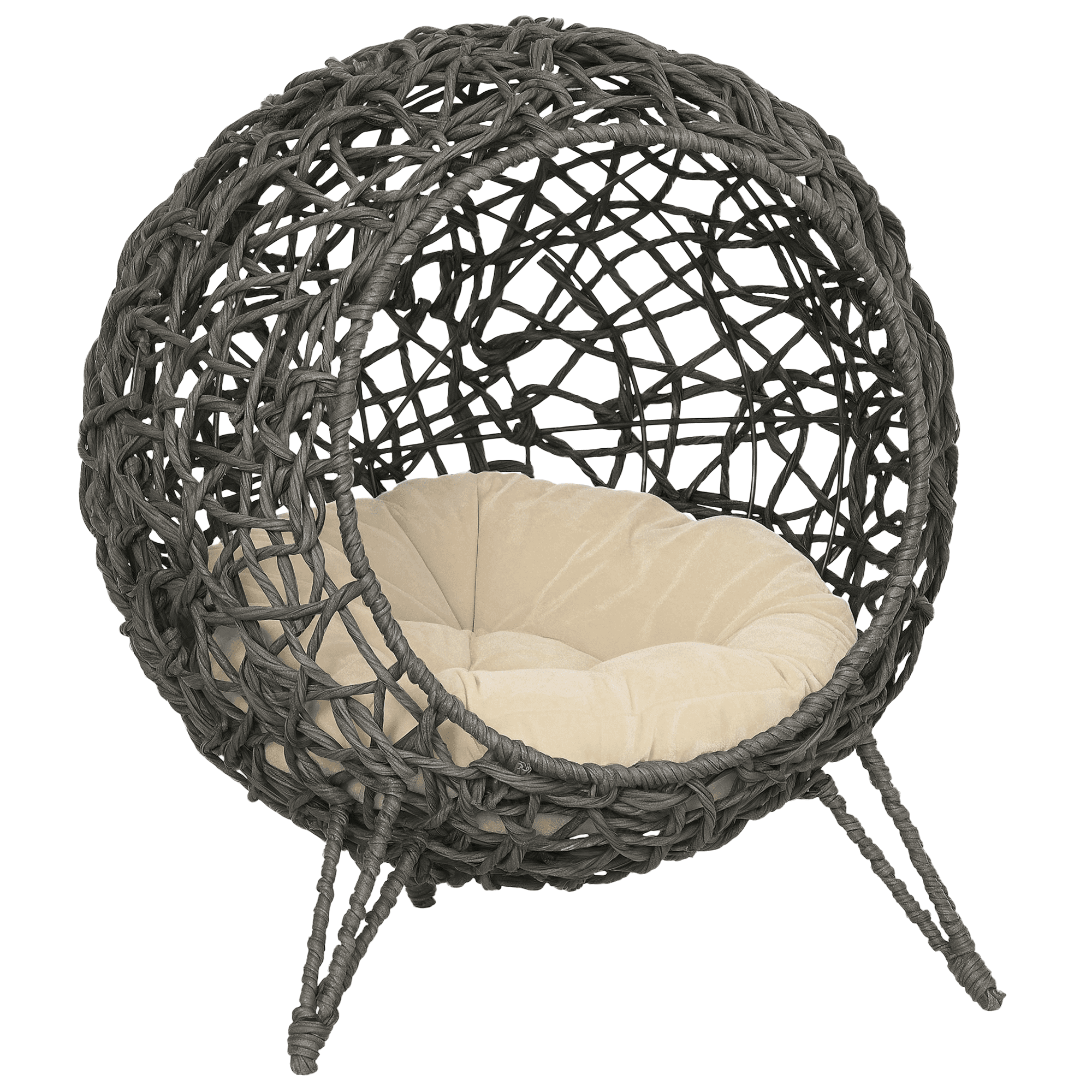 PawHut Panier chat lit chat cosy grand confort dim. Ø 52 x 58H cm coussin moelleux beige inclus résine tressée imitation rotin gris