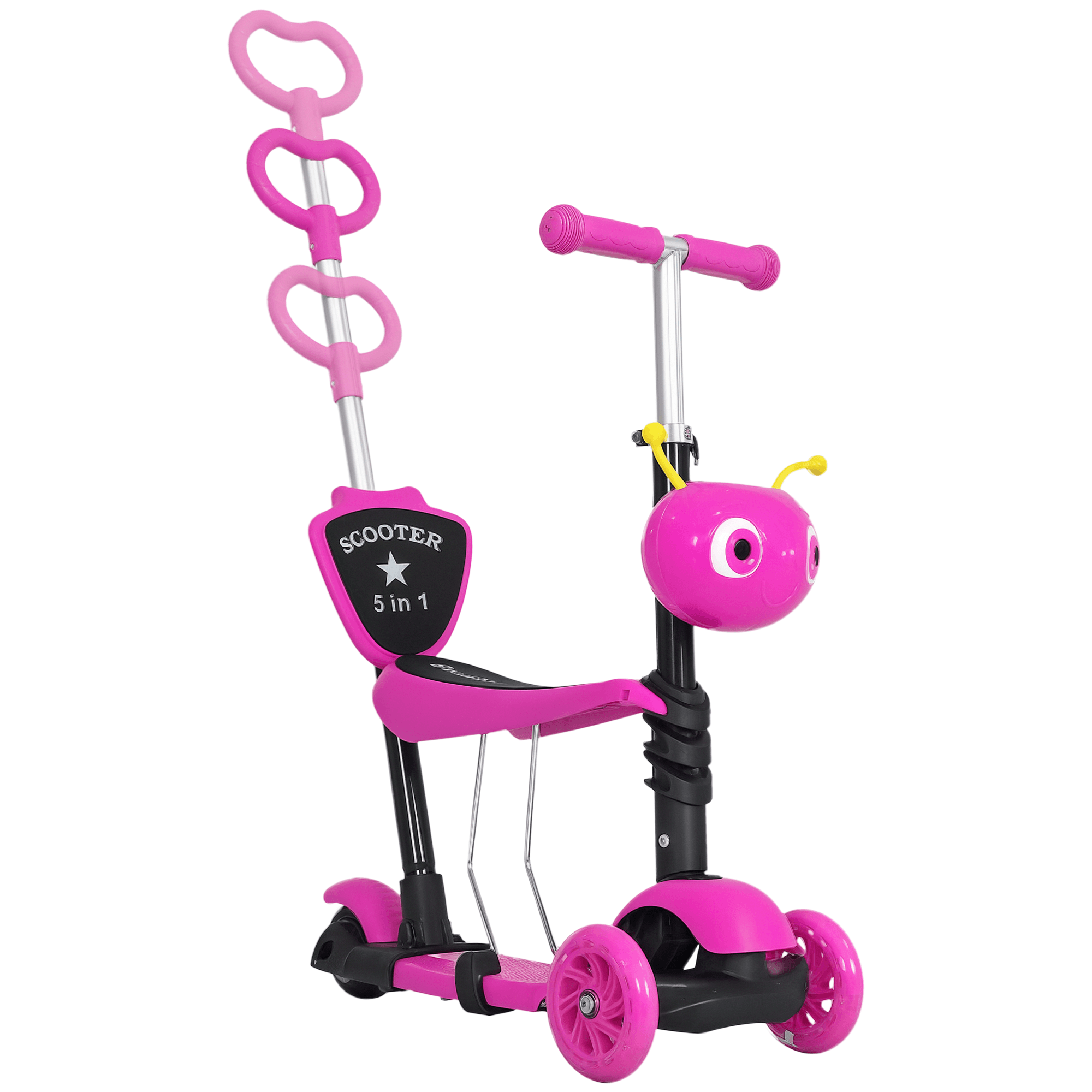 HOMCOM Trottinette pour enfants trottinette 3 roues évolutive 3 en 1 hauteur guidon réglable canne telescopique selle dossier amovible rose