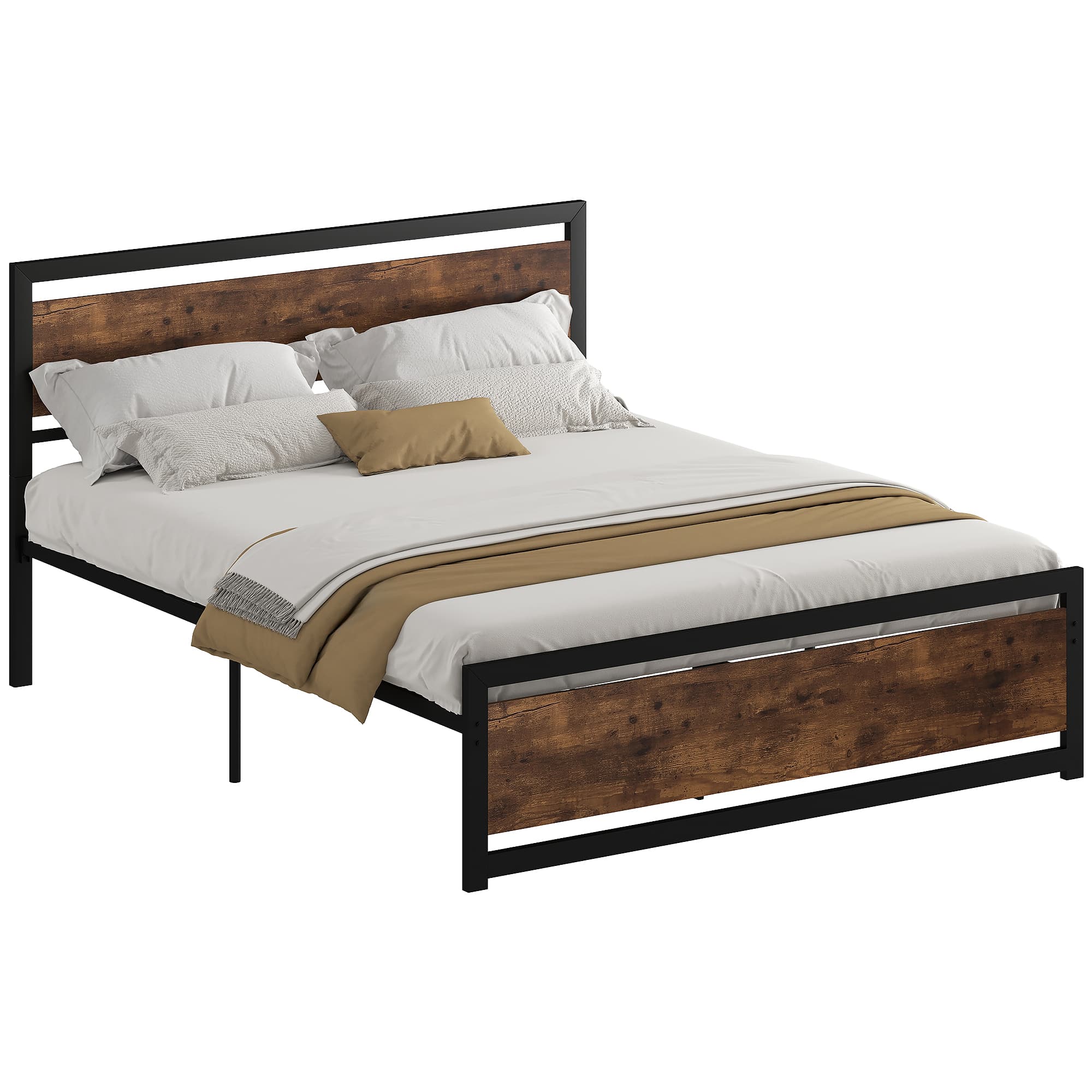 HOMCOM Cadre du lit double pour matelas dim. 167 x 200 cm lit pour 2 personnes adultes enfants style industriel acier brun avec veinage et noir