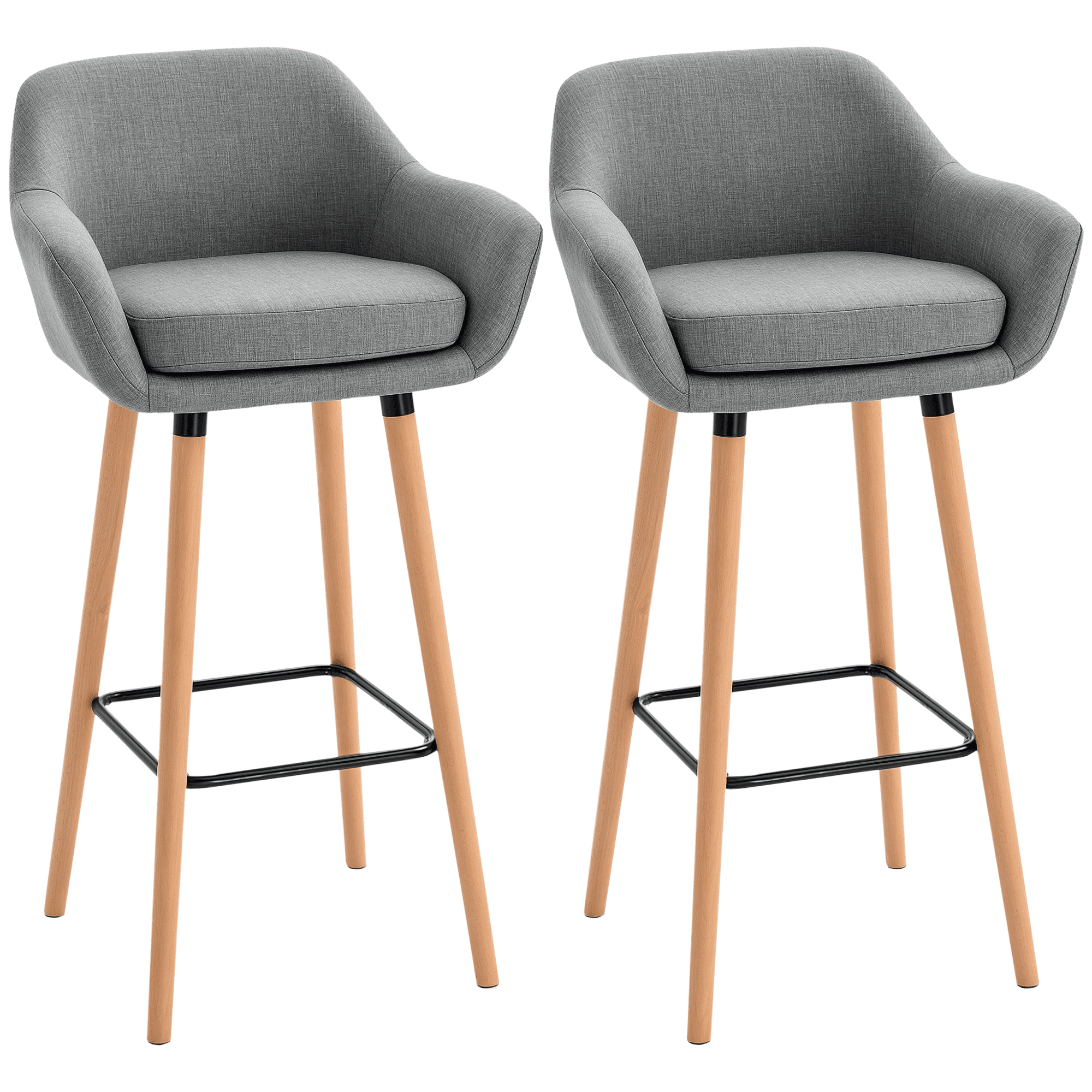 HOMCOM Tabourets de Bar Design scandinave - Lot de 2 chaises de Bar Grand Confort avec Repose-Pieds et accoudoirs - Bois de hêtre Lin Gris foncé