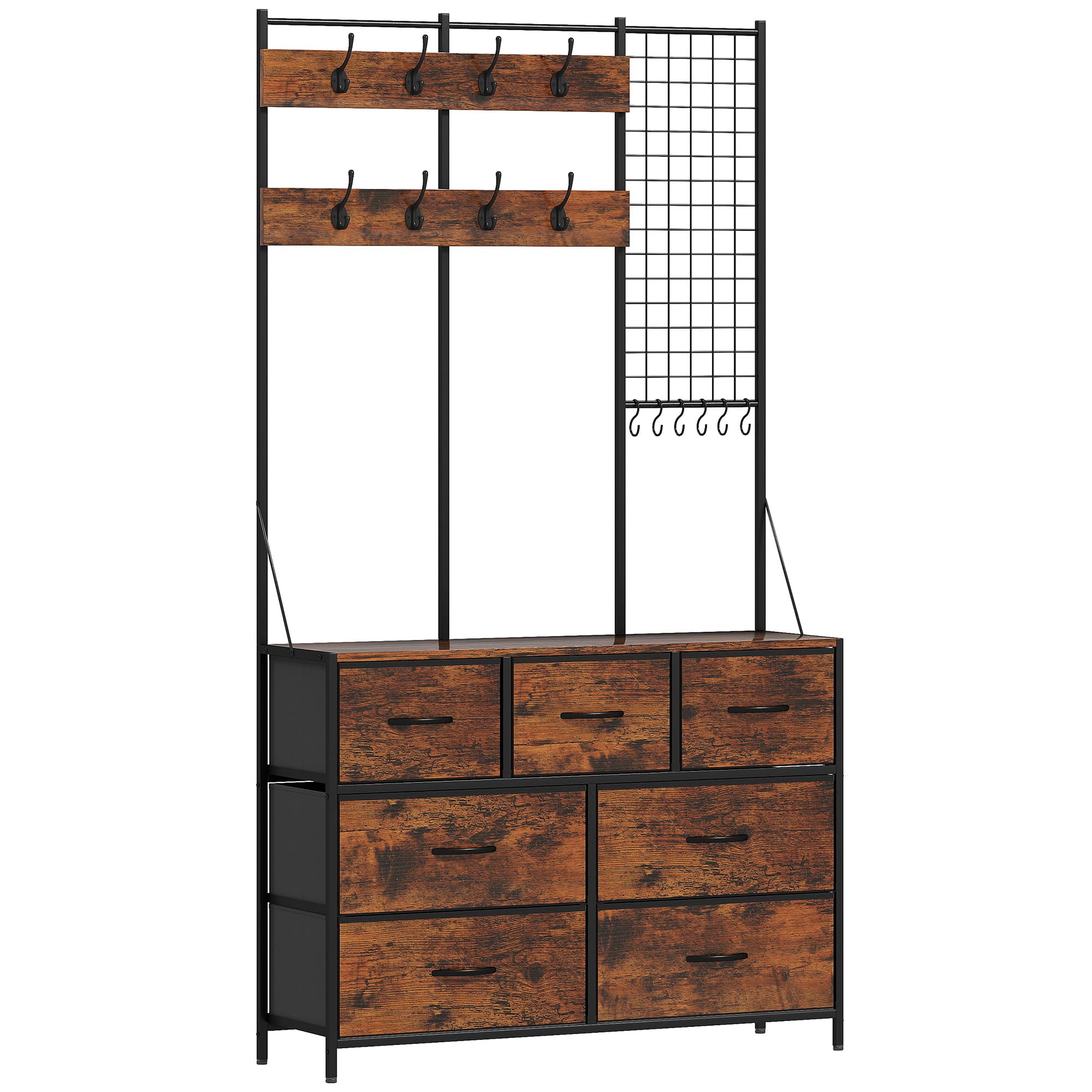HOMCOM Meuble d'entrée 4 en 1, portemanteau, vestiaire avec 7 tiroirs en tissu et 14 crochets, 100 x 30 x 183 cm, brun rustique