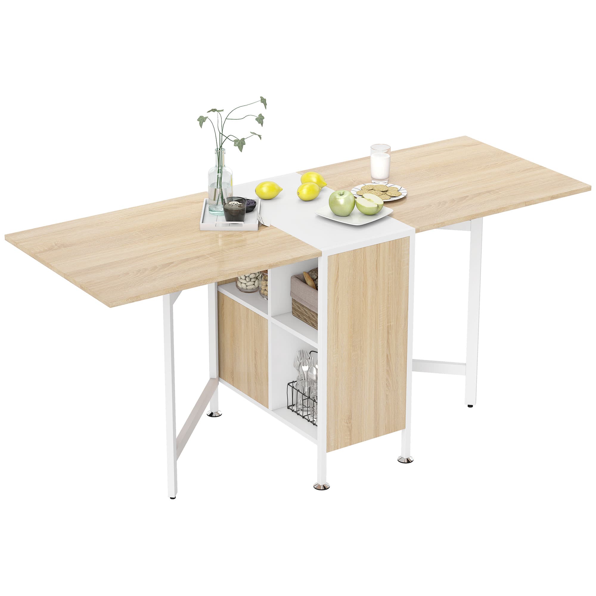 HOMCOM Table pliable de cuisine salle à manger 4 niches intégrées dim. dépliées 169L x 62l x 75H cm MDF chêne clair acier blanc