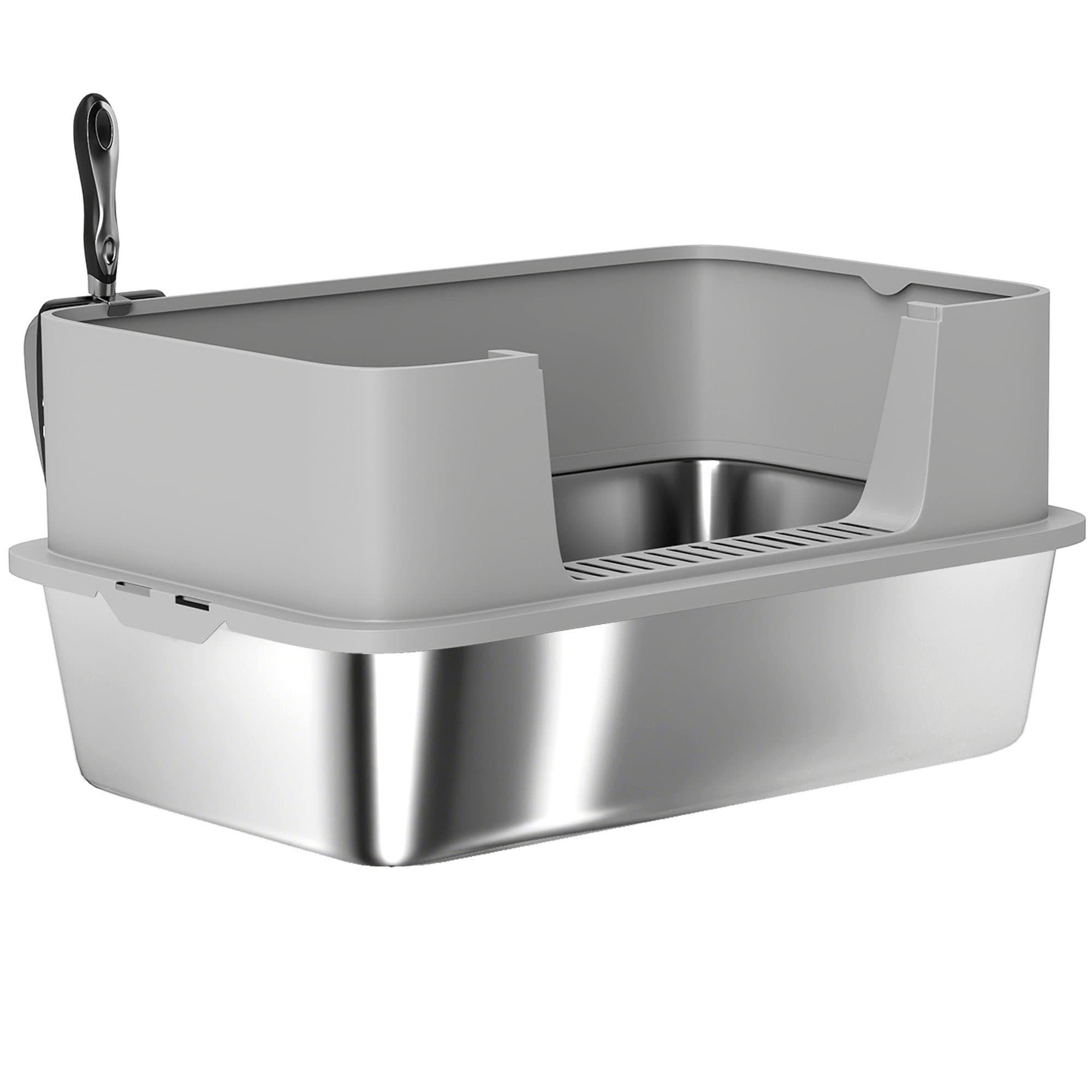 PawHut Litière pour Chats en Acier Inoxydable XL avec Rebord Haut Pelle Facile à Nettoyer Anti-Fuites 60x40x29,5 cm Gris