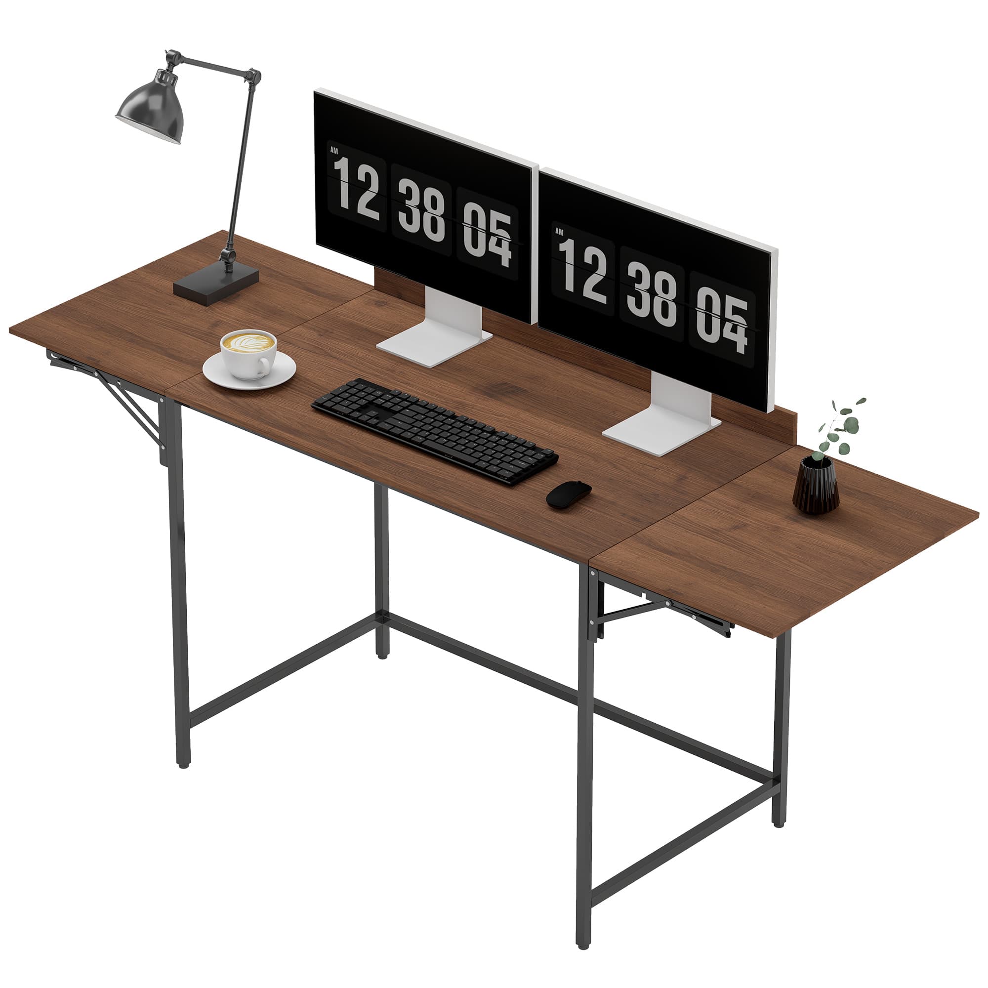 HOMCOM Bureau pliant table d'ordinateur 2 rabats pliables pour 2 écrans, pour chambre, petits espaces, 170 x 58 x 78 cm noyer
