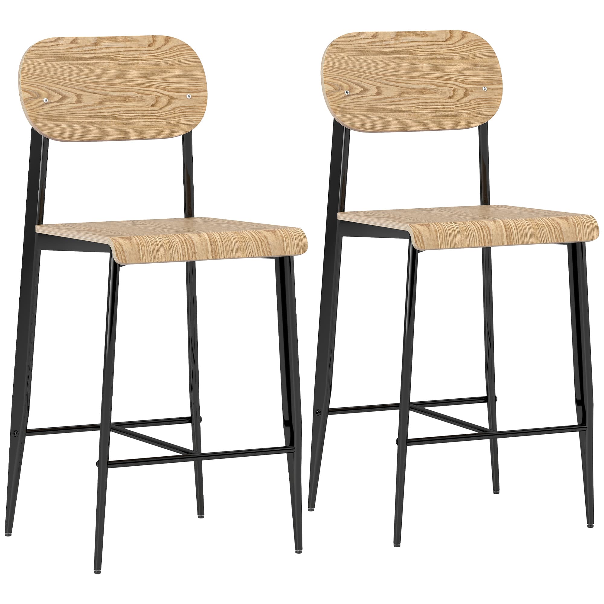 HOMCOM Lot de 2 tabourets de bar, hauts 65H cm avec dossier, structure en acier, effet bois naturel