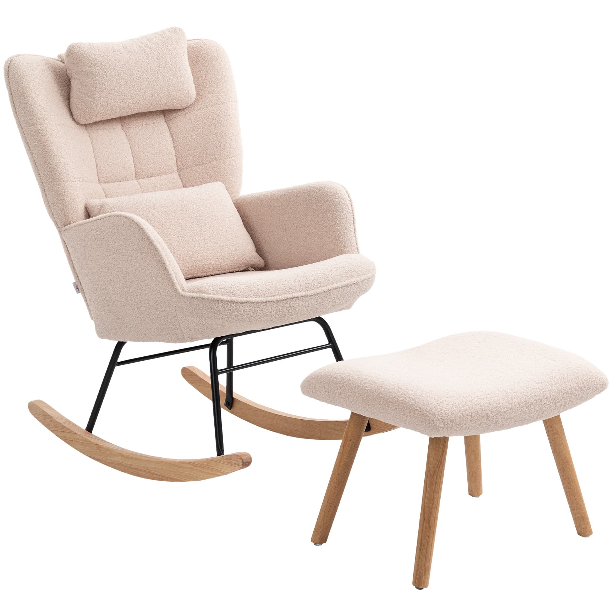 HOMCOM Fauteuil à Bascule avec Repose-Pieds, Revêtement en Peluche Douce, Pieds en Bois, Coussin, Dossier Haut, Fauteuil à Bascule, Beige