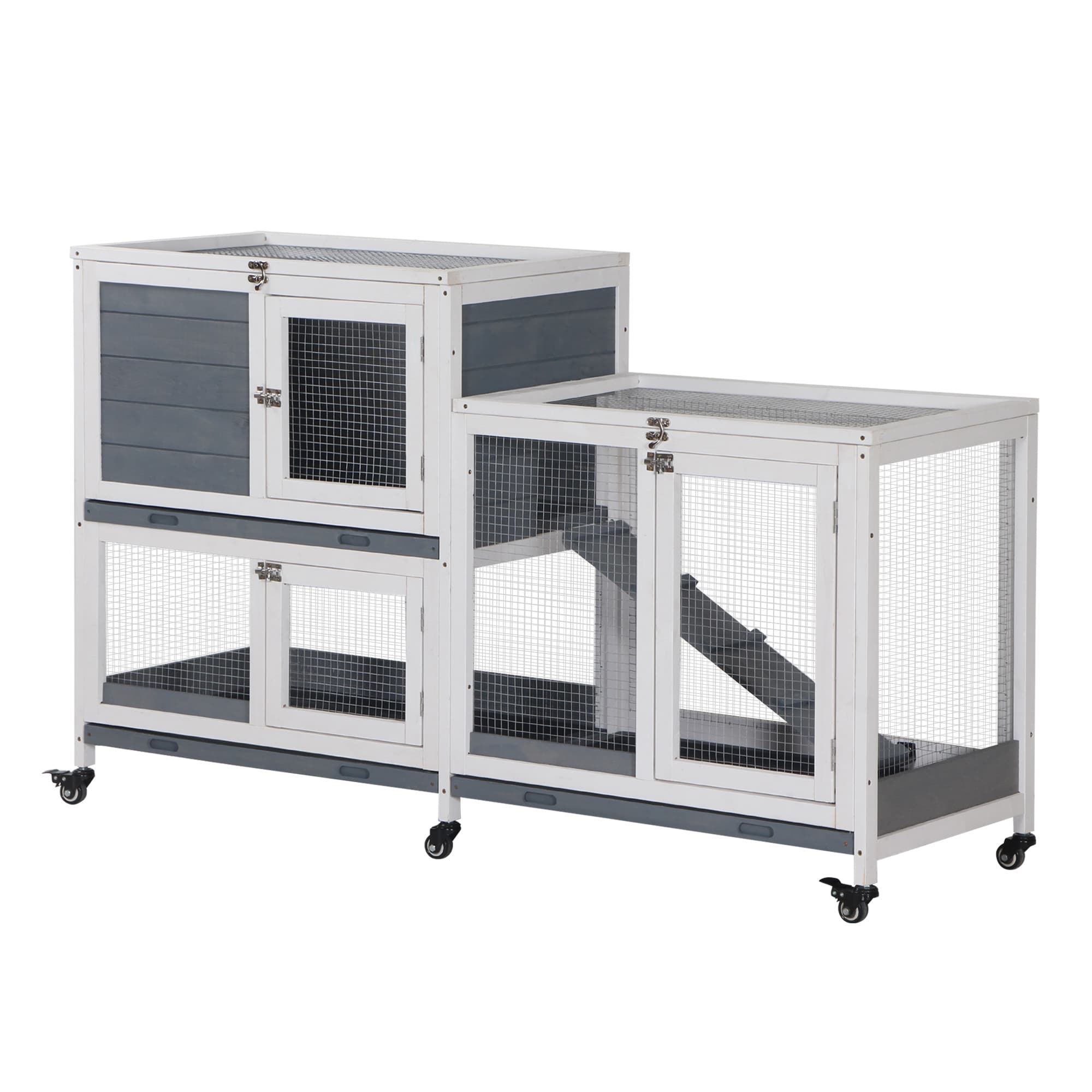 PawHut Clapier intérieur bois avec roulettes 2 étages rampes - dim. 147L x 45,5l x 88,5H cm - gris et blanc