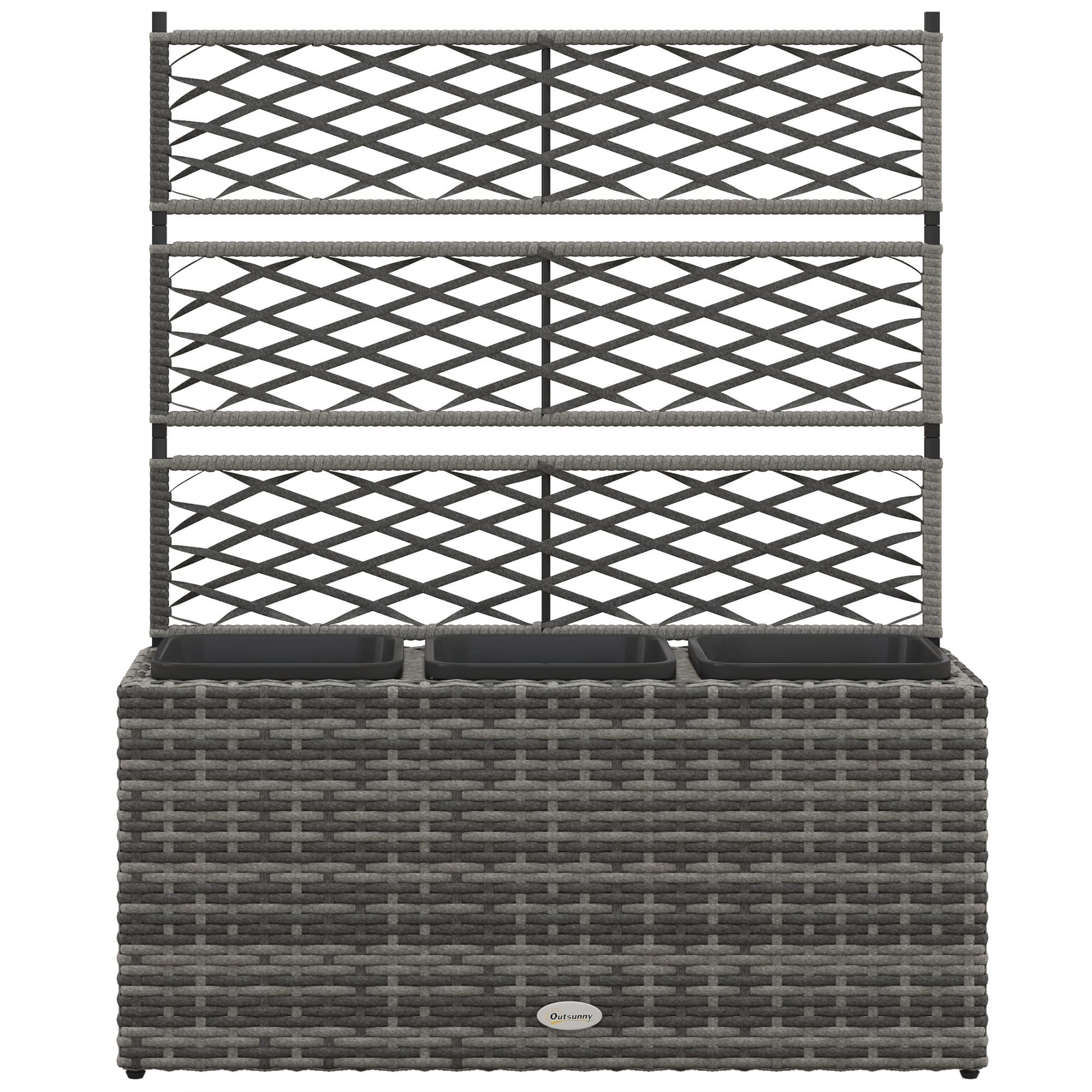 Outsunny Jardinière pour plantes avec treillis 3 bacs à plante 33L en résine tressée et acier dim. 84L x 30L x 107H cm