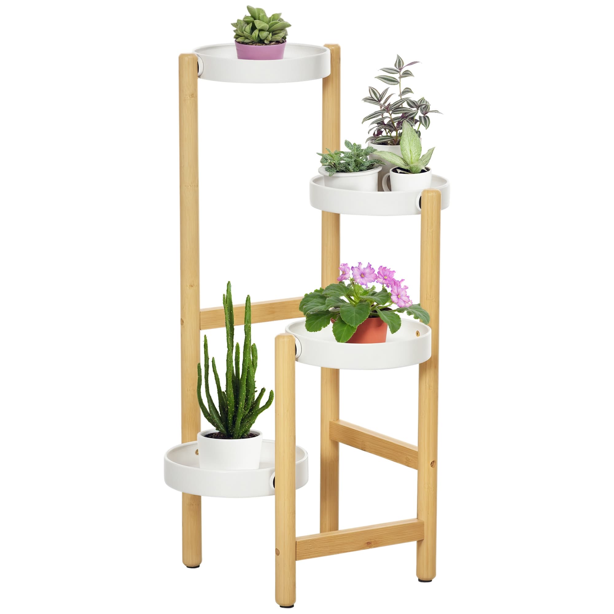 Outsunny Étagère Plantes Bambou et Métal 4 Niveaux Blanc 28x28x80cm Aosom France