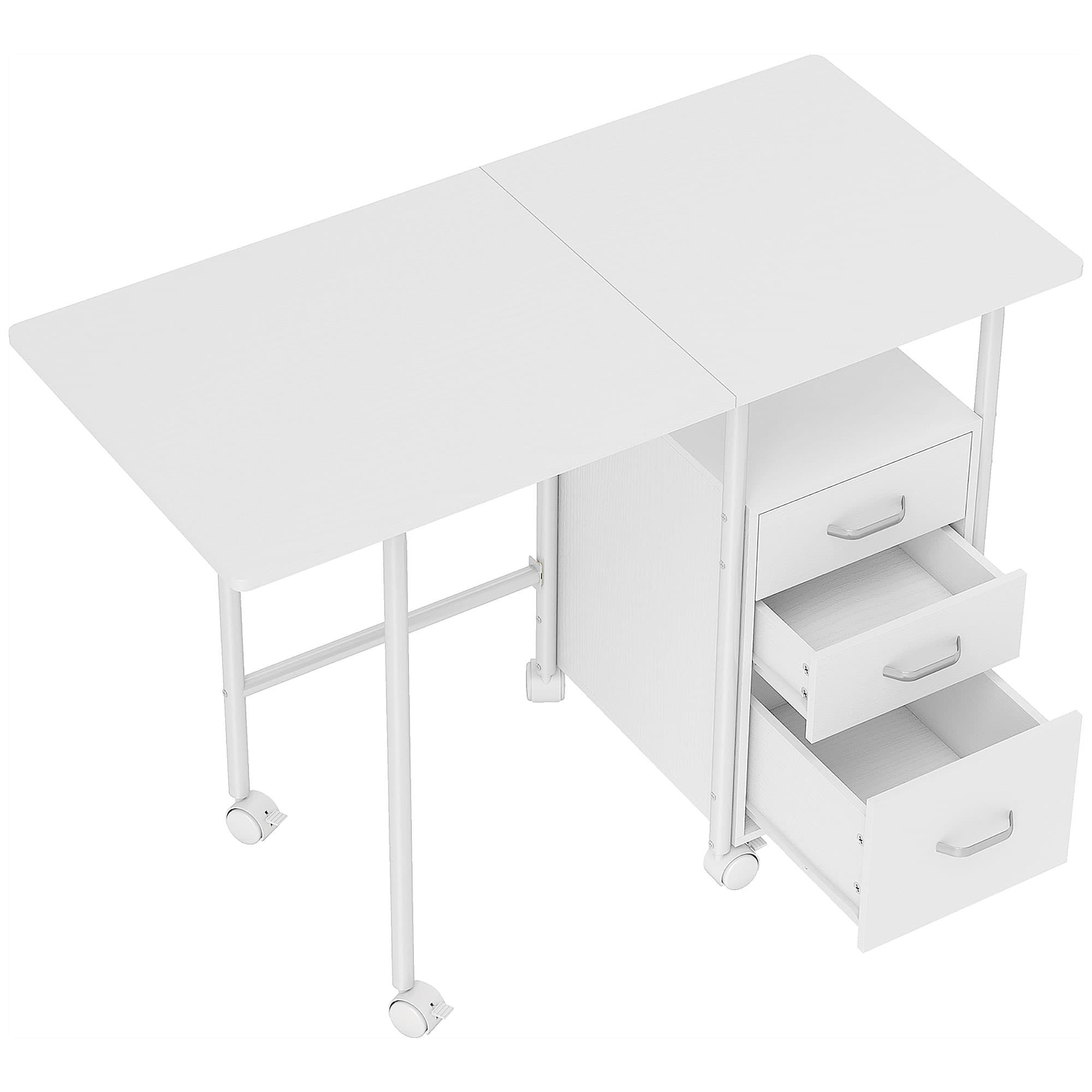 HOMCOM Bureau d'ordinateur pliable sur roulettes, bureau avec rangement, 3 tiroirs, plateau extensible, 105x51x75,5cm, blanc