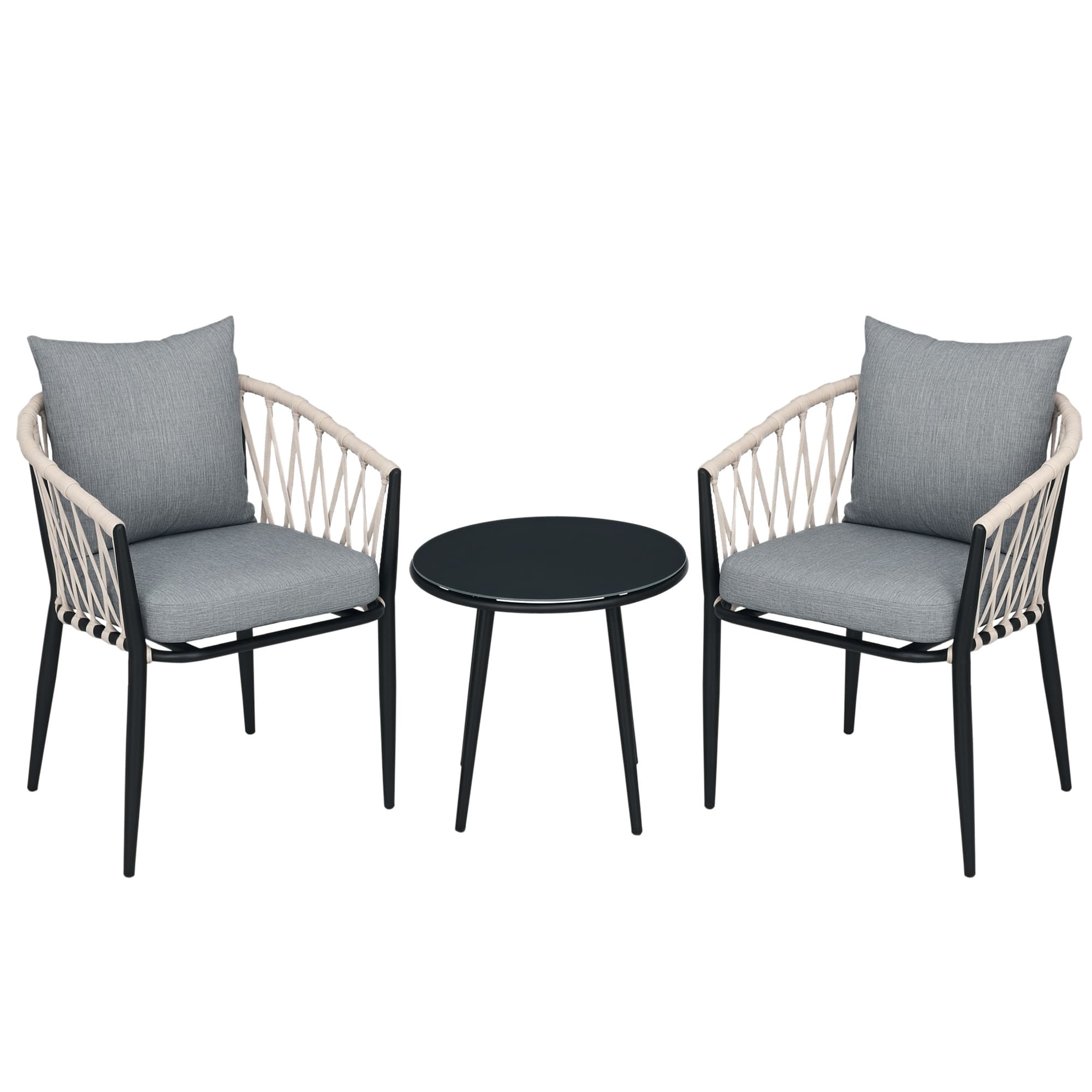 Outsunny Salon de jardin 2 personnes 3 pièces 2 fauteuils avec coussins table basse ronde plateau verre trempé corde tressée gris Aosom France