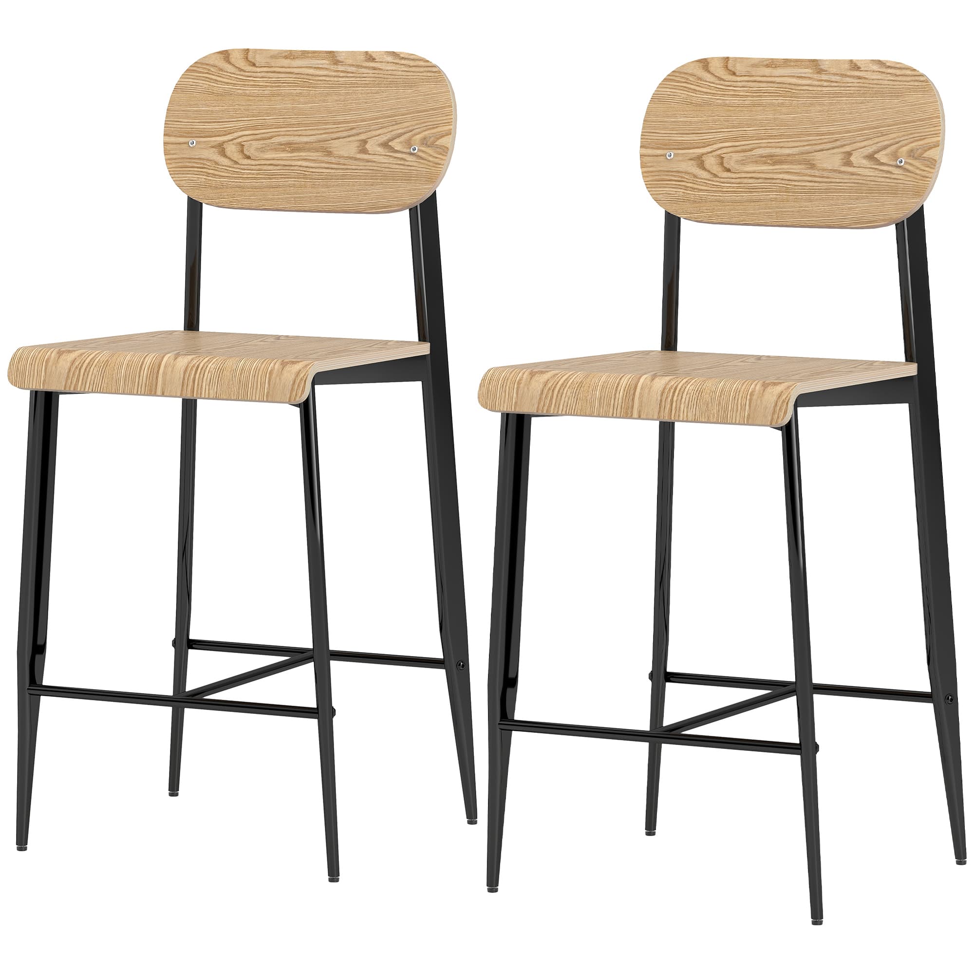 HOMCOM Lot de 2 tabourets de bar, hauts 65H cm avec dossier, structure en acier, effet bois naturel