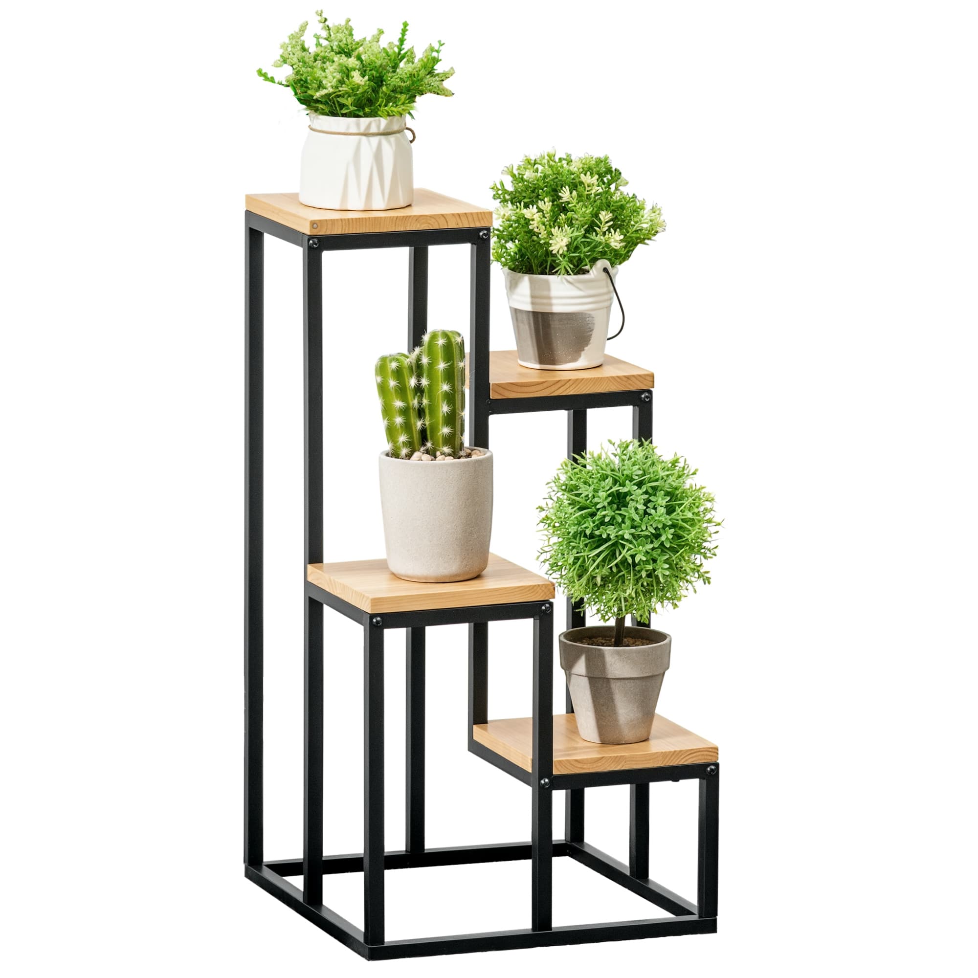Outsunny Étagère à plantes étagère à fleurs en métal et bois 4 niveaux de différentes hauteurs style industriel 34 x 34 x 66 cm