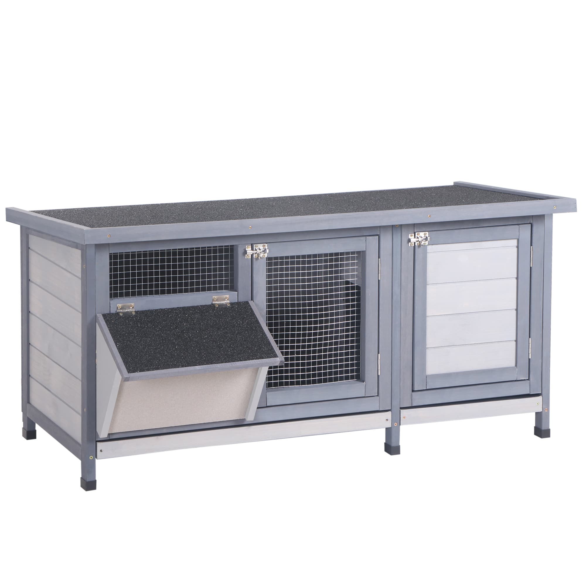 PawHut Clapier sur pied avec toit bitumé ouvrant 2 portes verrouillables dim. 112L x 50l x 54H cm gris et noir
