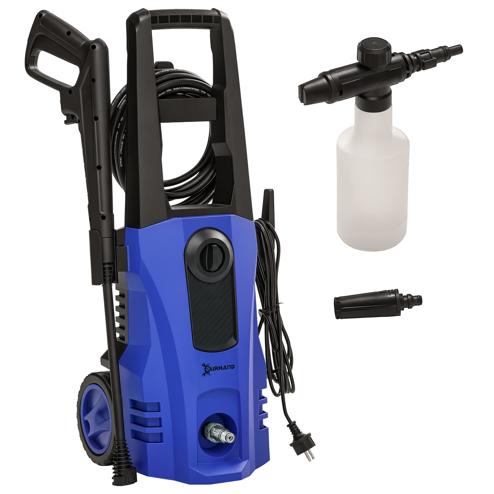 DURHAND Nettoyeur haute pression puissance 150 bars max, débit 510 l/h max, moteur 1800W tuyau 6m et câble 5m avec roues bleu