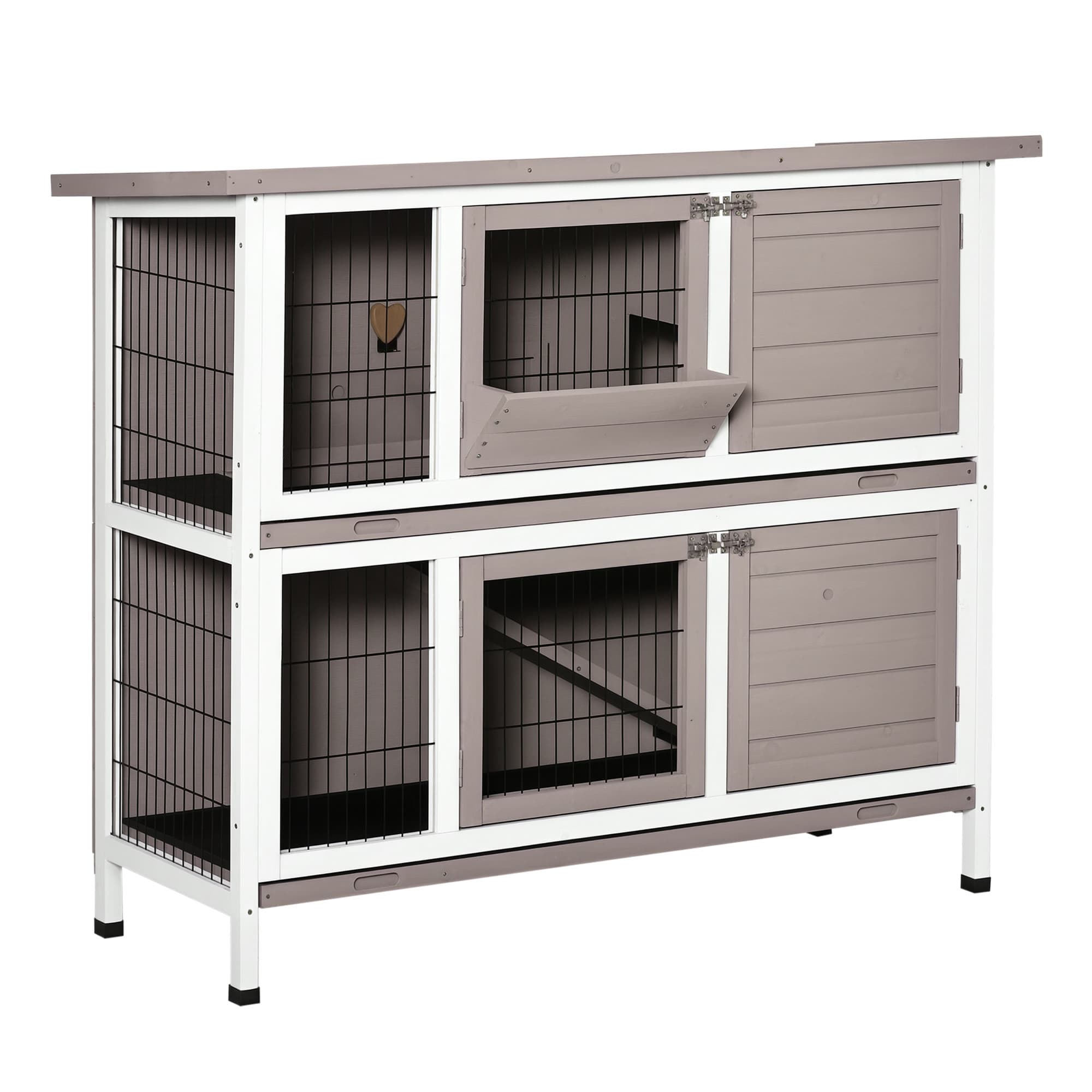 PawHut Clapiers Cage lapin en bois massif 2 niveaux toit ouvrant avec auge plateaux coulisants 4 portes 122 x 50 x 101 cm gris blanc Aosom France