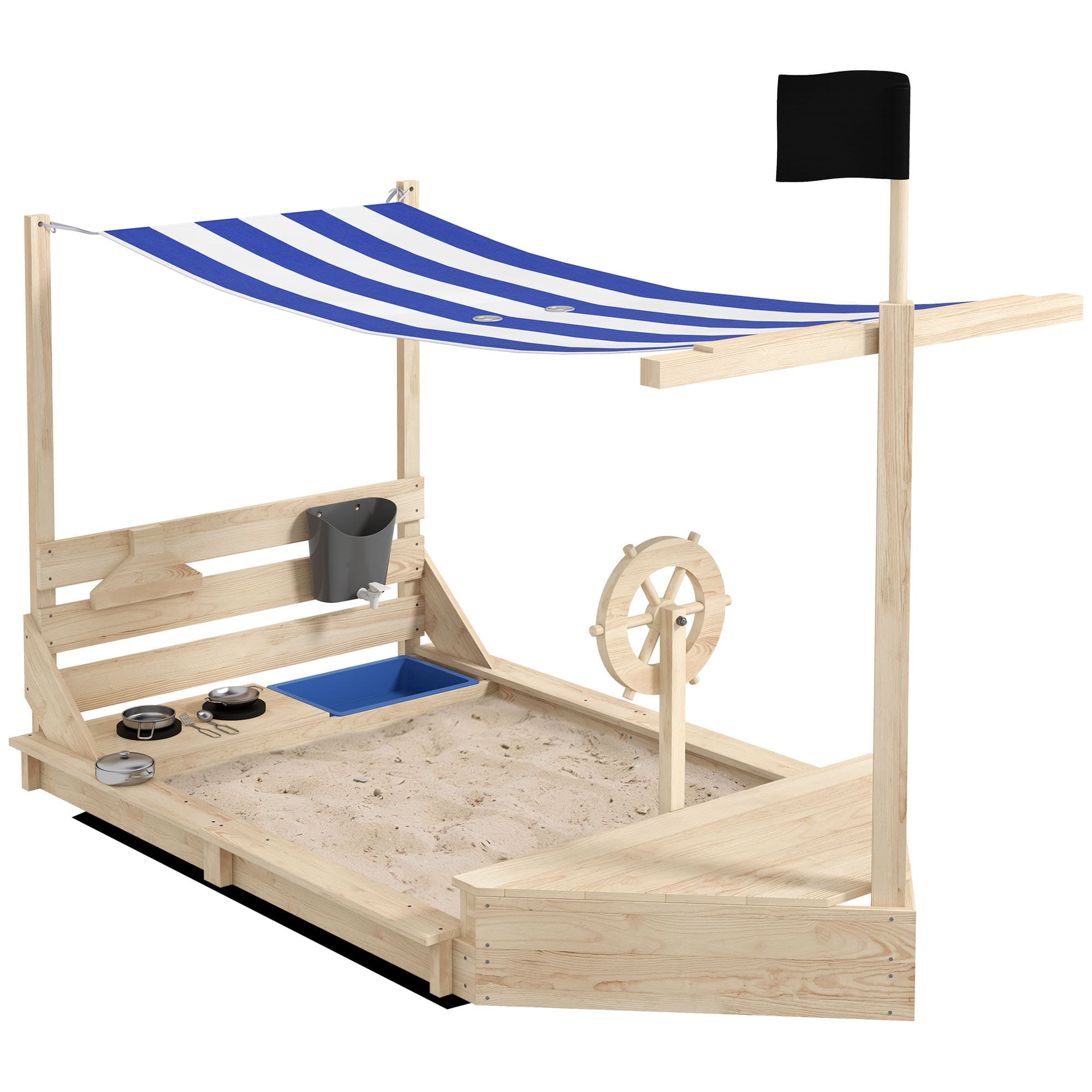 Outsunny Bac à sable en bois avec jeu de cuisine 6 accessoires coffre rangement gouvernail drapeau 180 x 103 x 144,5 cm naturel
