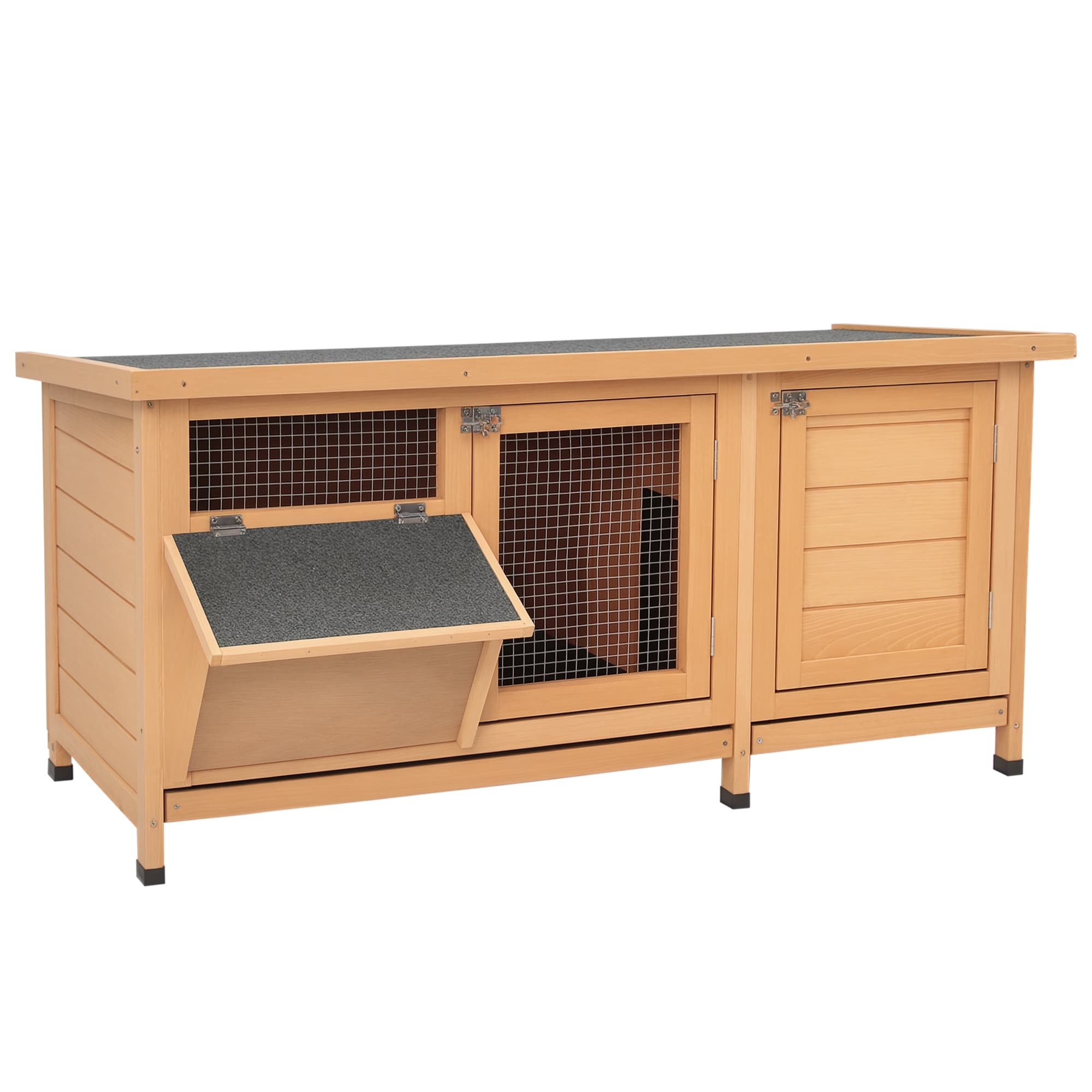 PawHut Clapier sur pied cage à lapin avec toit bitumé ouvrant 2 portes verrouillables 2 tiroirs dim. 112L x 50l x 54H cm bois naturel et noir