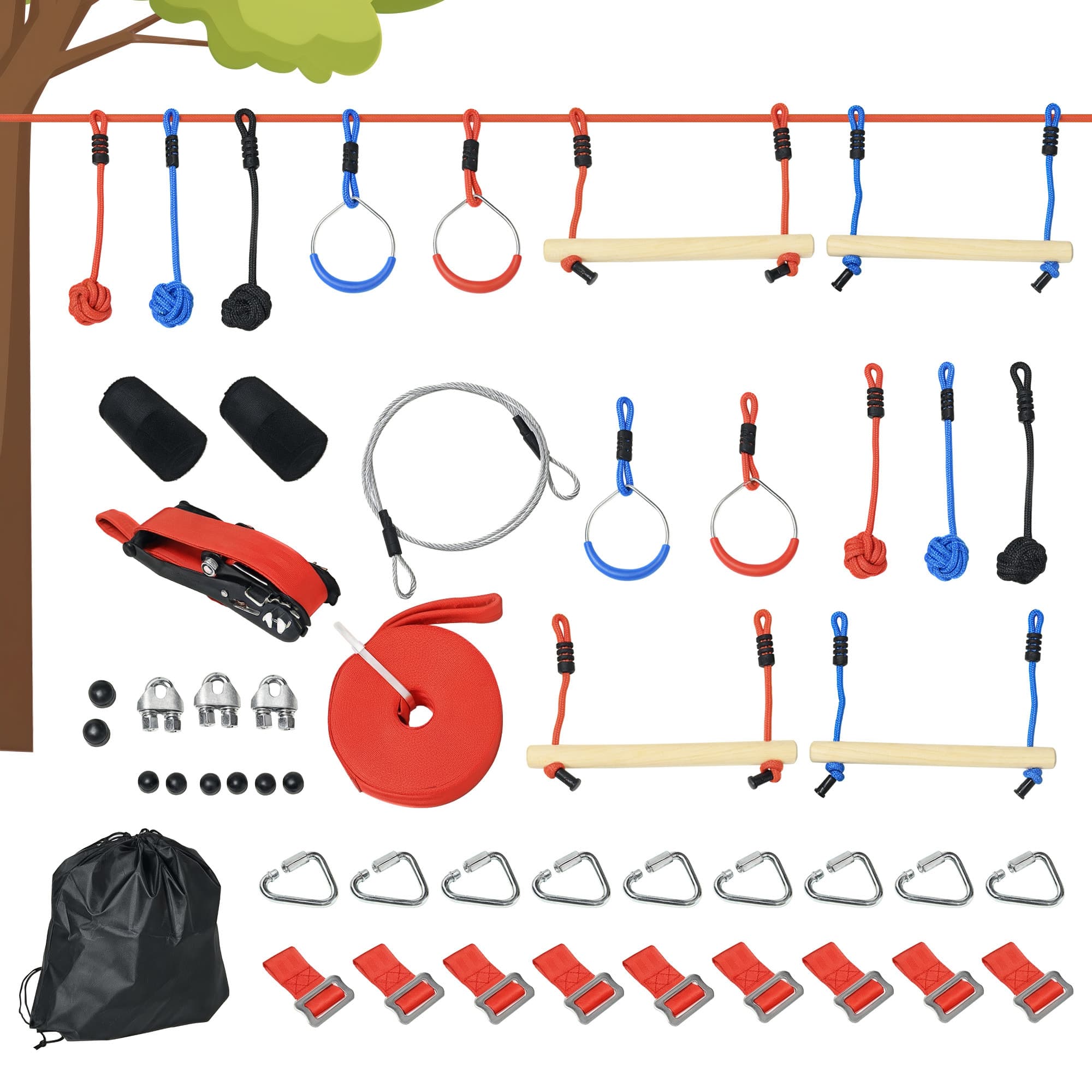Outsunny Parcours d'obstacles ninja pour enfants 30 accessoires et sac de transport 10 m de slackline bleu noir rouge Aosom France