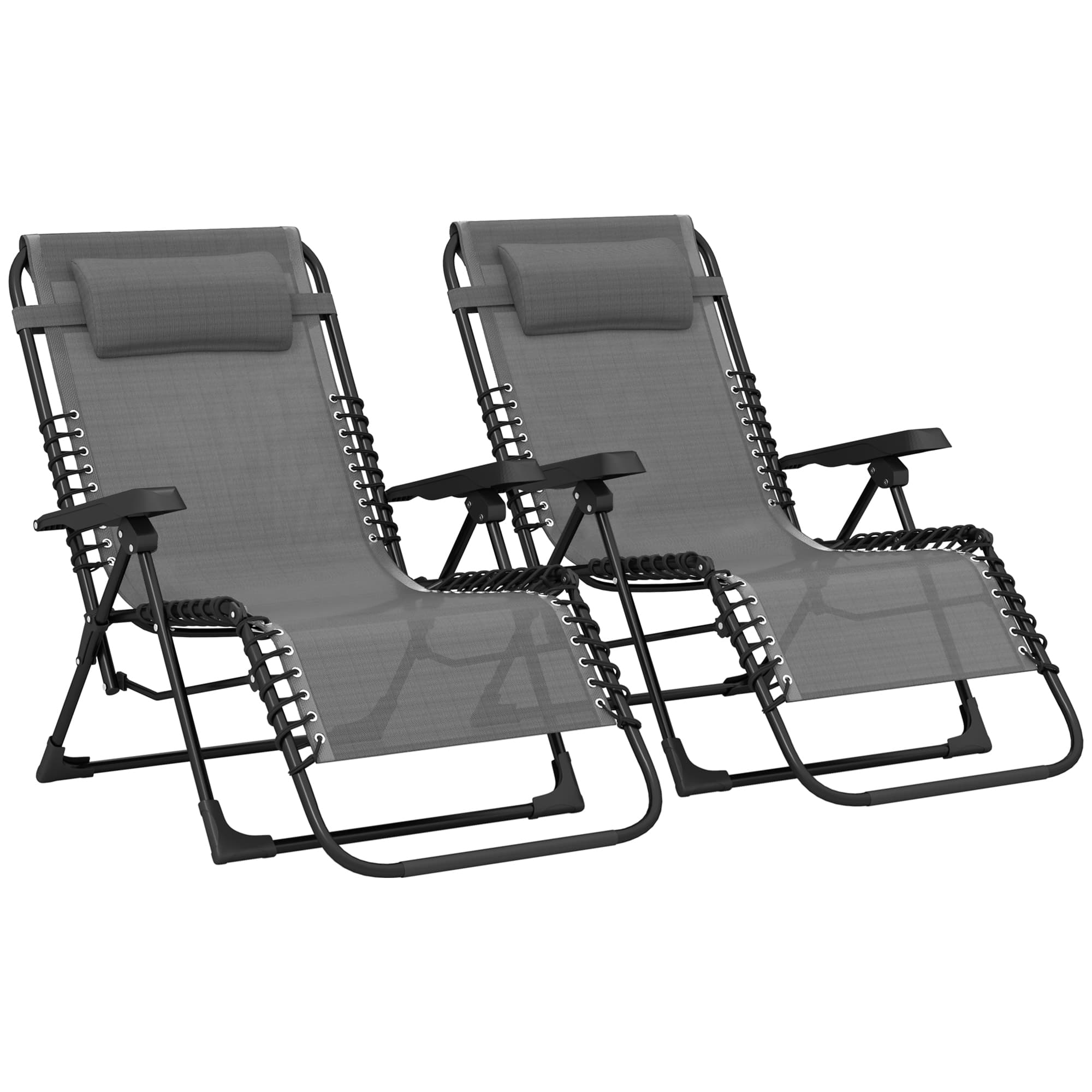 Outsunny Lot de 2 bain de soleil, chaise longue pliante inclinable avec appuie-tête en textilène, 90 x 65 x 112 cm, gris
