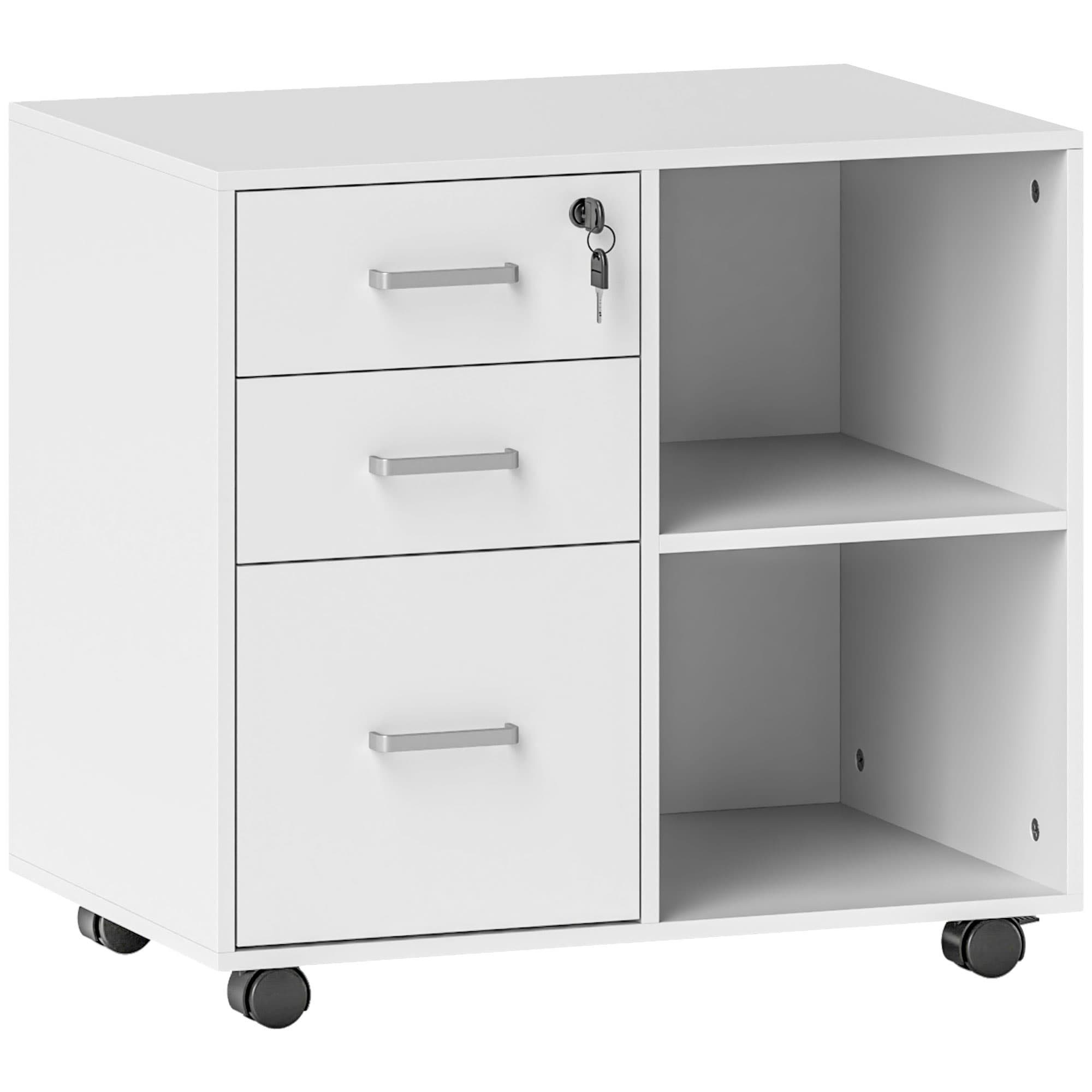 HOMCOM Support d'imprimante à 3 tiroirs verrouillables, meuble de rangement sur roulettes, étagères ouvertes, 60x40x56cm, blanc