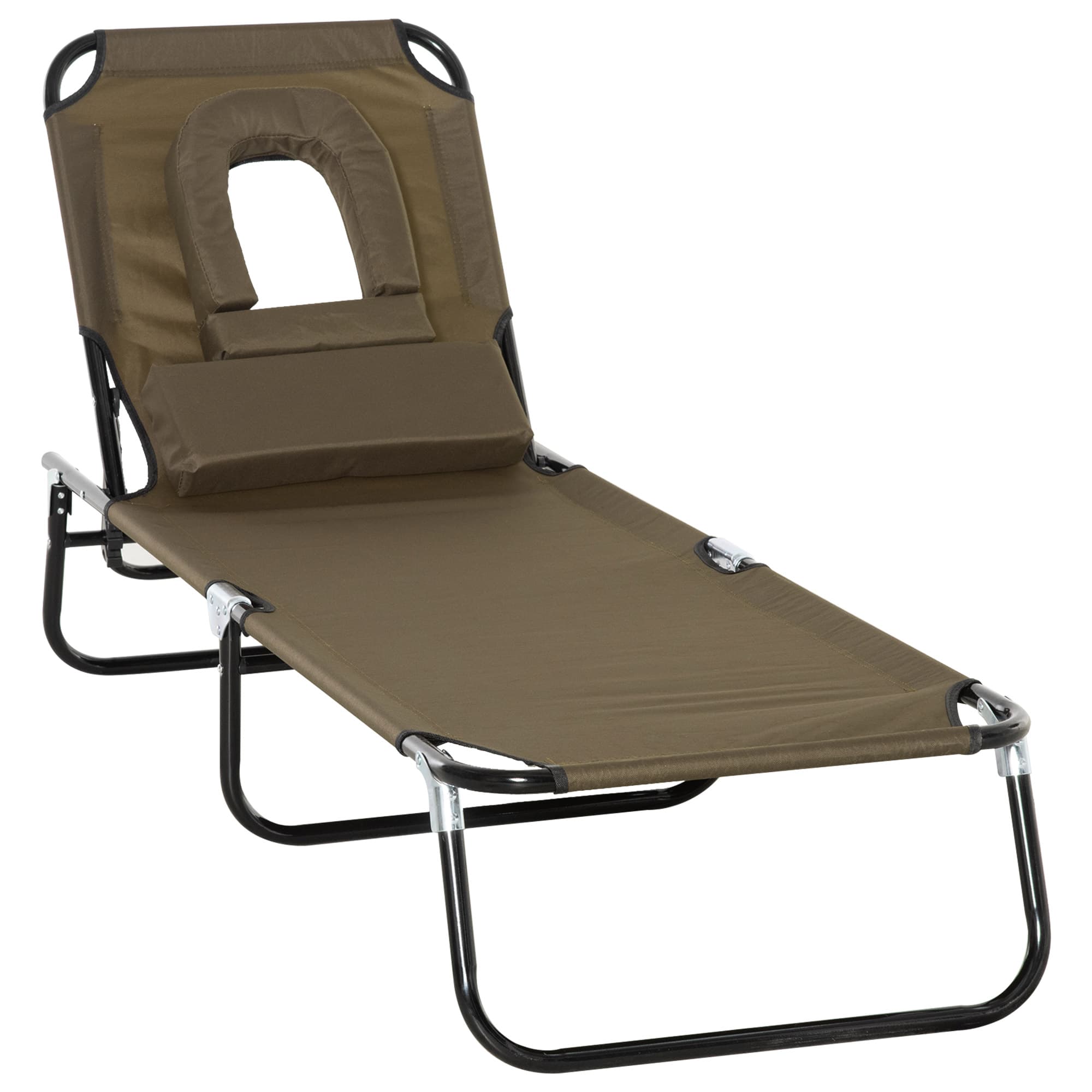 Outsunny Chaise Longue de Jardin Pliante à Trois Pieds avec Fenêtre de Lecture et Ouverture pour le Visage Marron