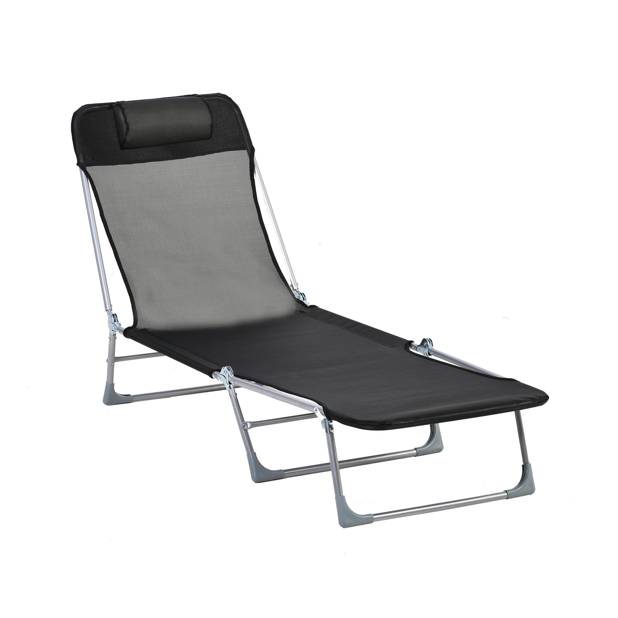 Outsunny Bain de soleil transat chaise longue inclinable pliable avec oreiller dossier réglable sur 5 niveaux noir
