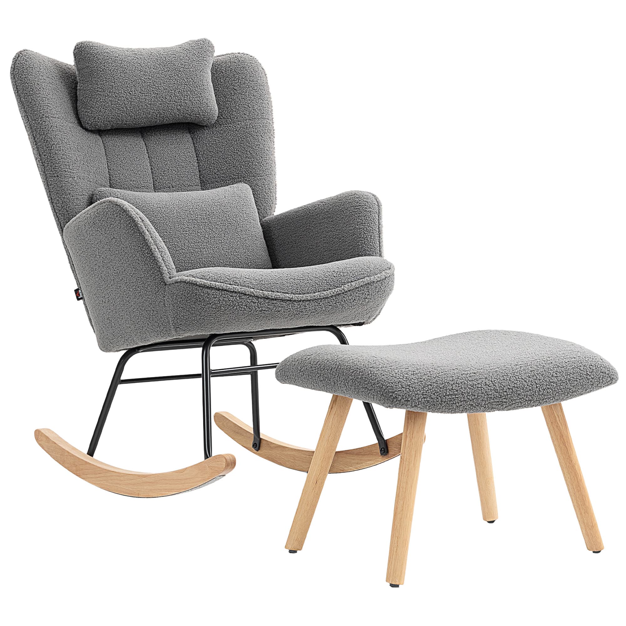 HOMCOM Fauteuil à bascule avec repose-pieds, revêtement en molleton doux, pieds en bois, coussin, dossier haut, fauteuil à bascule, Gris foncé